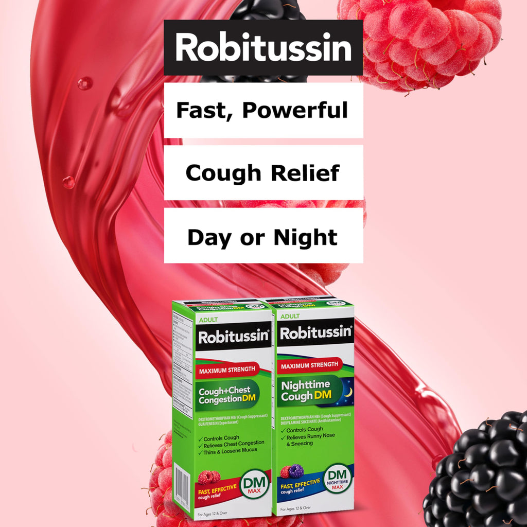 Robitussin Maximum Strength Cough + Chest Congestion DM And Maximum Strength Nighttime Cough DM, Cough Medicine For Adults, Berr