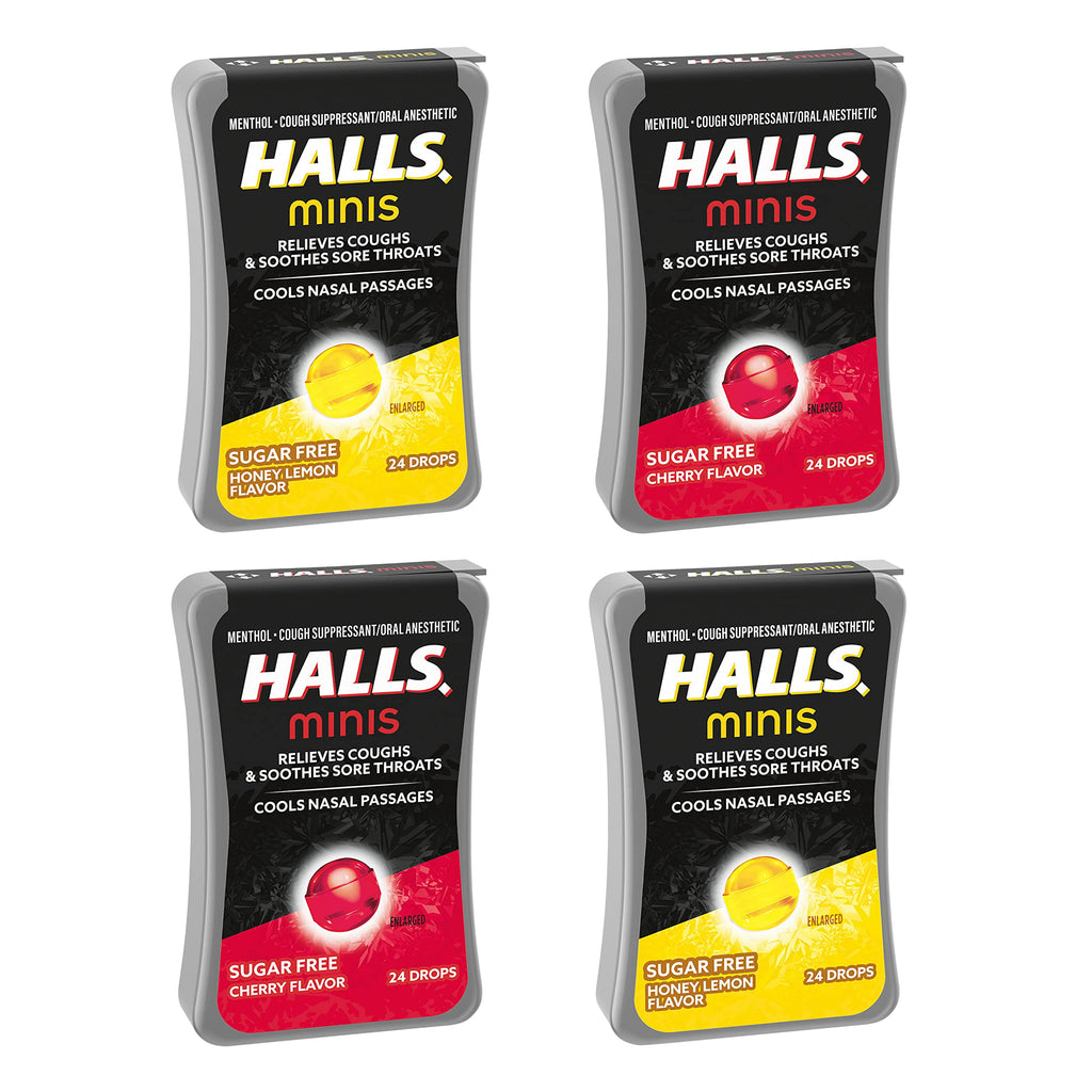 HALLS Minis Cherry & Honey Lemon Sugar Free Cough Drops Variety Pack, 4 - 24 Packs (96 Total Drops)