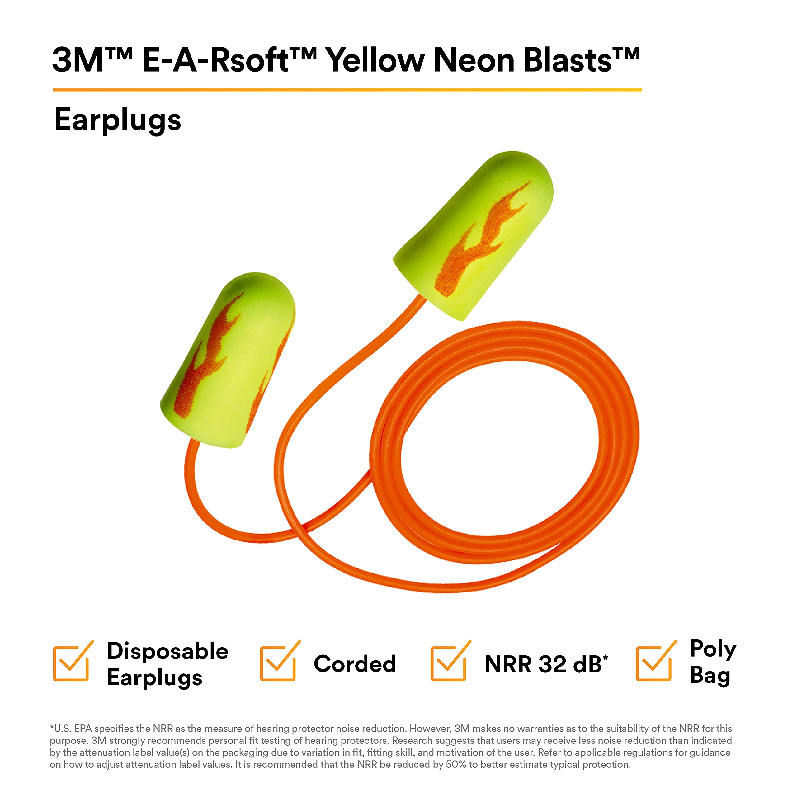 3M Ear Plugs, Pack of 200, E-A-Rsoft Yellow Neon Blasts 311-1252, Corded, Disposable, Foam, NRR 33, Drilling, Grinding, Machinin