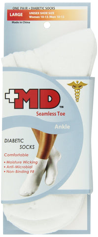 MD USA Seamless Toe-Wave-In Mesh Diabetic Ankle Socks, White, Large