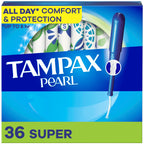 Tampax Pearl Tampons for Women, with LeakGuard Braid, Super Absorbency, Unscented, 36 Count
