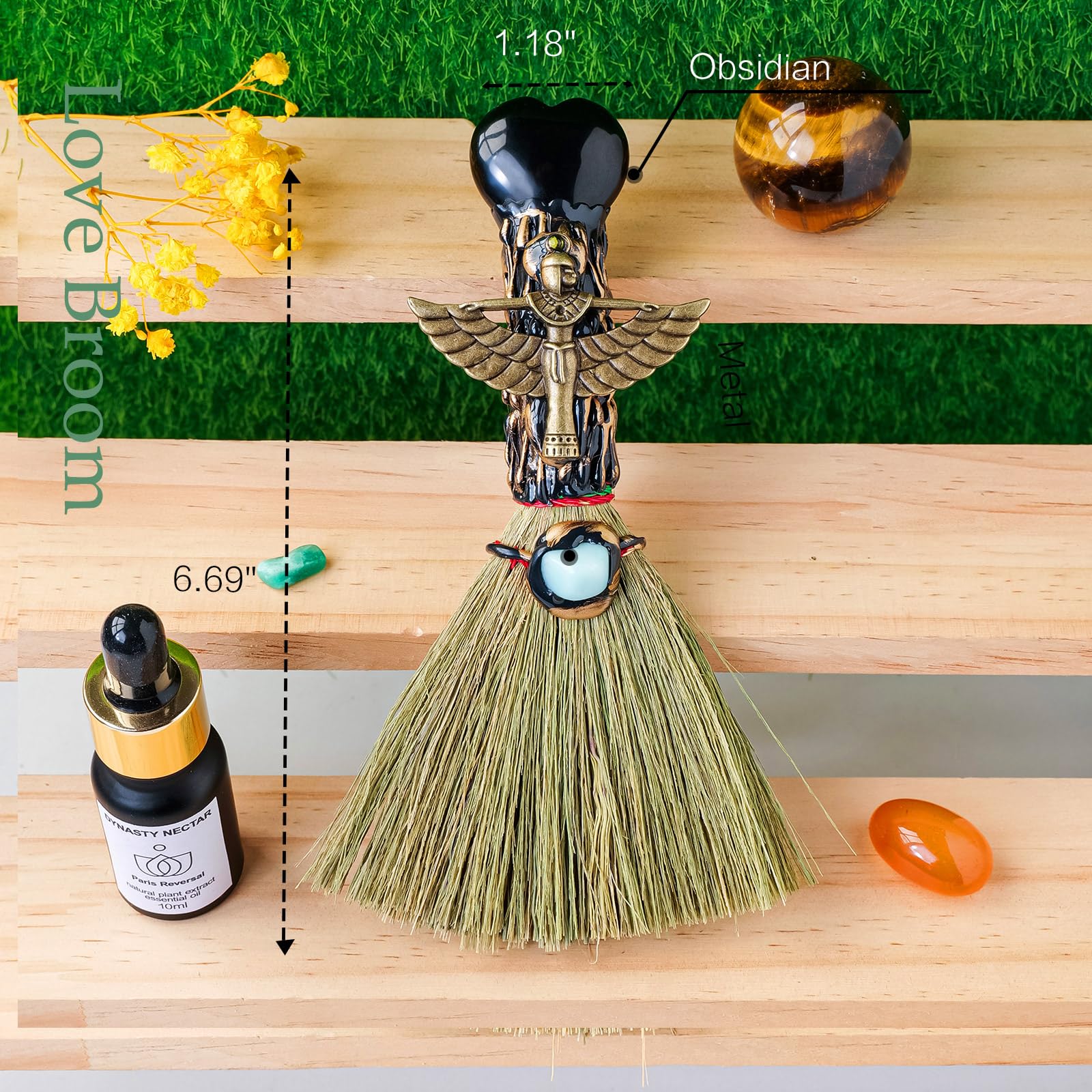 RJINGSHI Obsidian Magic Broom Love Crystal Witch Broom Reiki Healing Crystal Handmade for Cleansing Bedroom Office Home Decor Gi