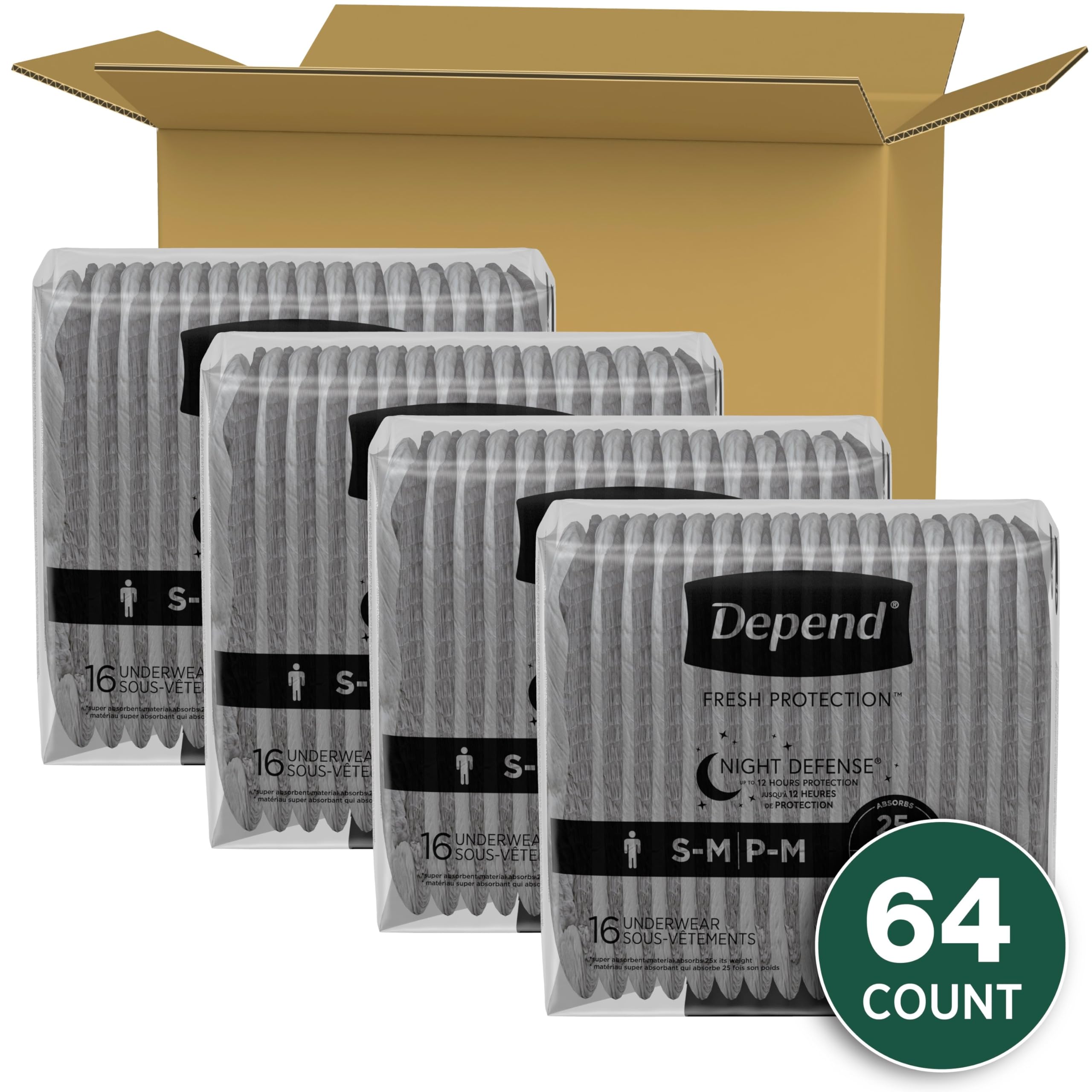 Depend Night Defense Adult Incontinence Underwear for Men, Disposable, Overnight, Small/Medium, Grey, 64 Count (4 Packs of 16),