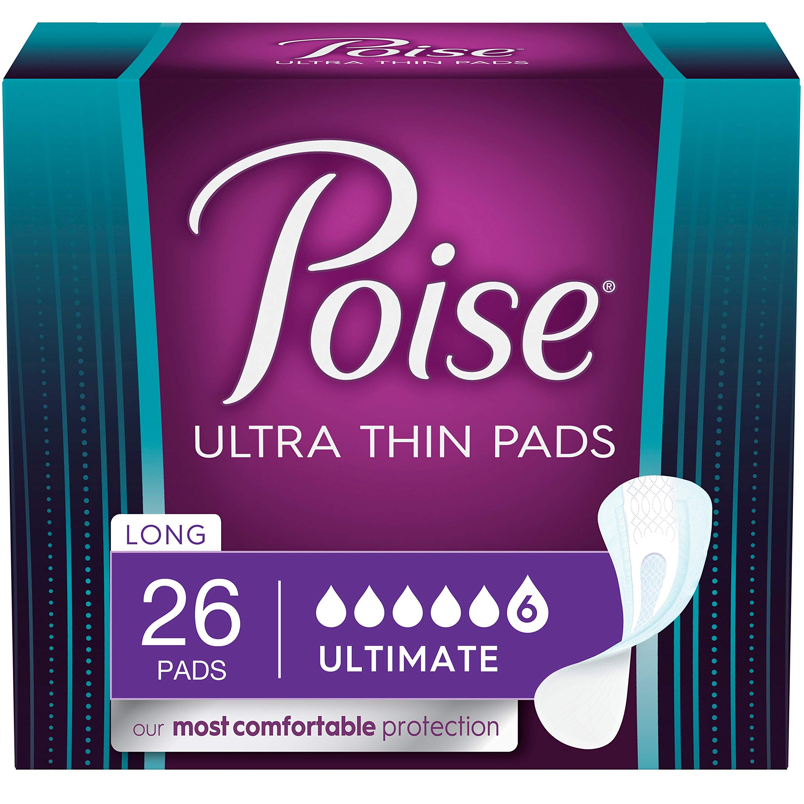 Poise Ultra Thin Incontinence Pads for Women, Bladder Leakage & Postpartum Pads, Ultimate Absorbency, Long Length, Unscented, 26