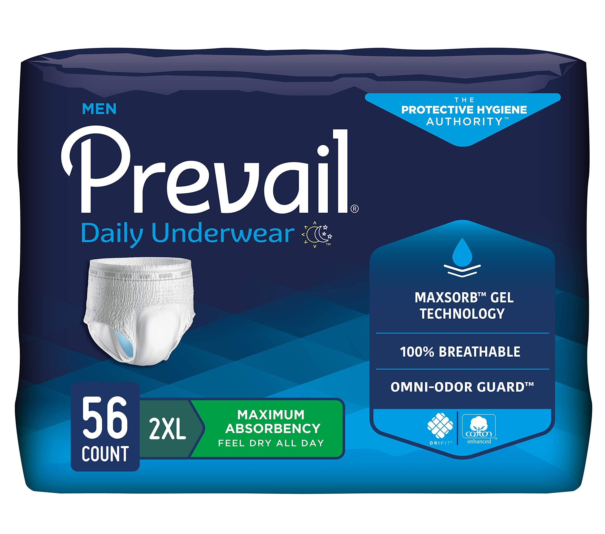 Prevail Incontinence Protective Underwear for Men, Maximum Absorbency, 2X-Large, 56 Count