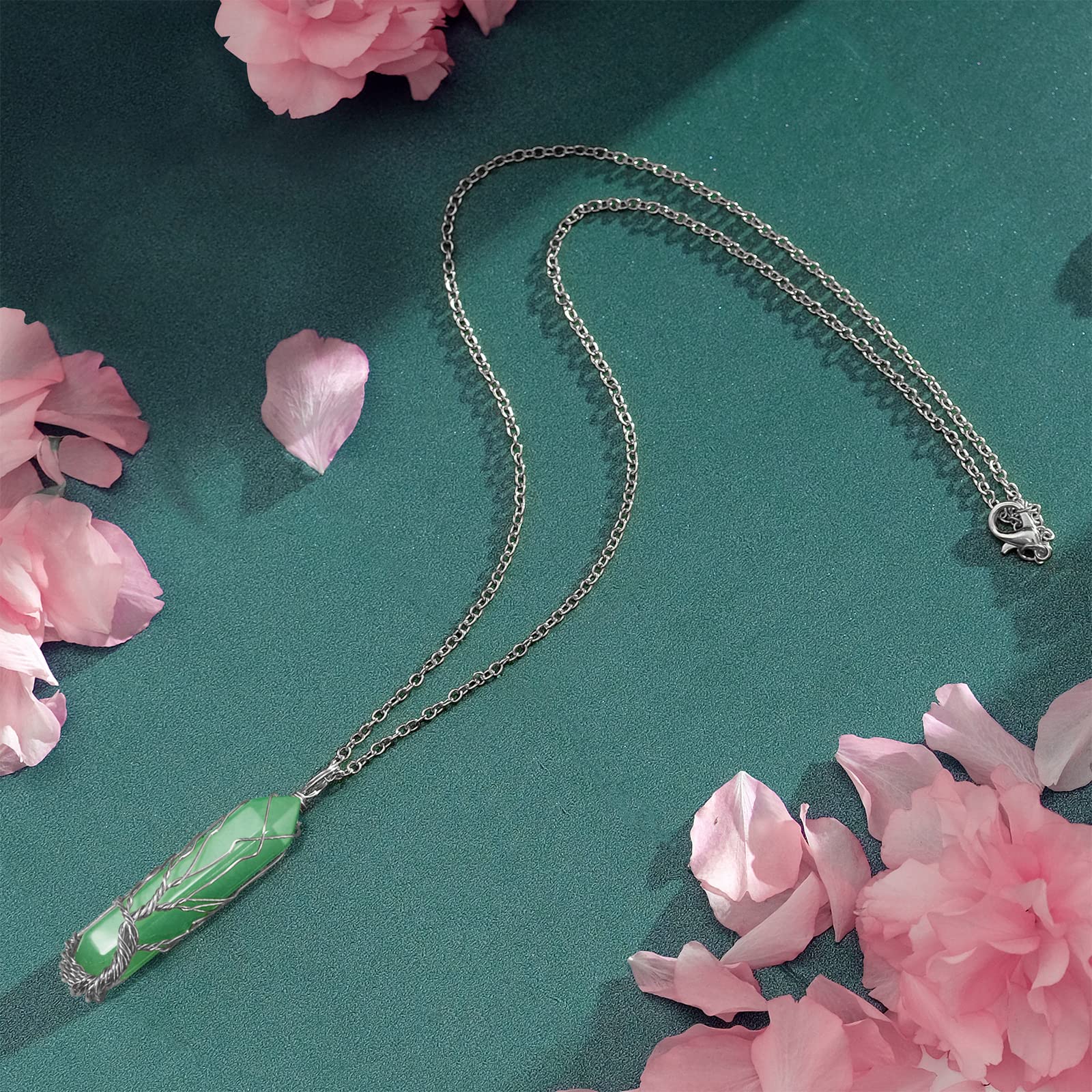 VIBILIA Healing Crystal Necklace Tree of Life Wire Wrapped Natural Green Aventurine Stone Point Pendant Necklace Hexagonal Reiki