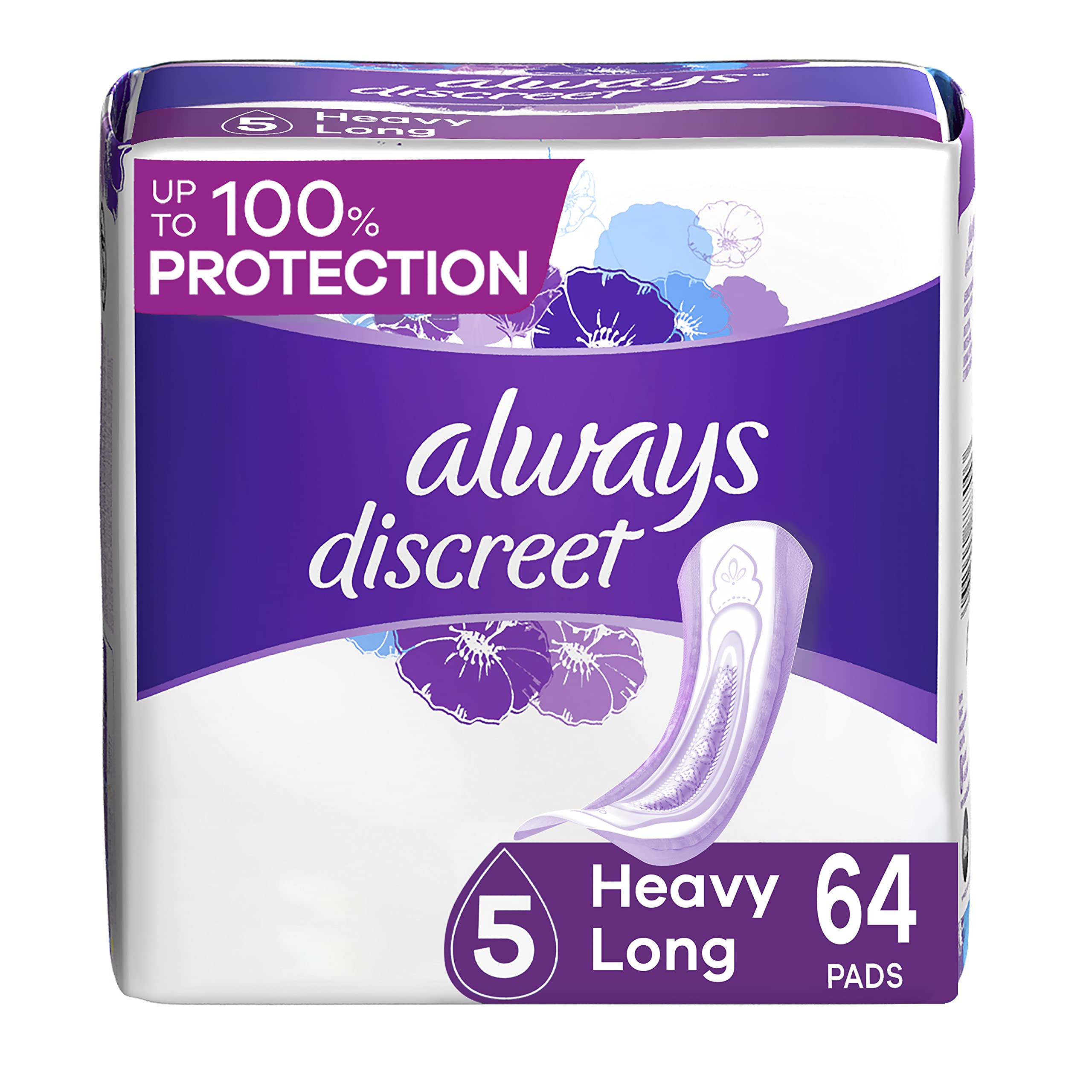 Always Discreet, Incontinence & Postpartum Pads for Women, Size 5, Heavy Absorbency, Long Length, 32 Count x 2 Pack (64 Count to