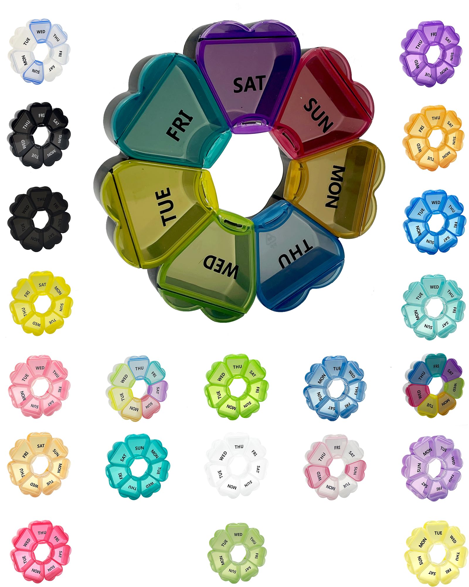 Large Weekly Pill Organizer,7 Day Cute Heart Pill Organizer,Weekly Container for Fish Oil/Medicine/Supplements (Multicolor3)