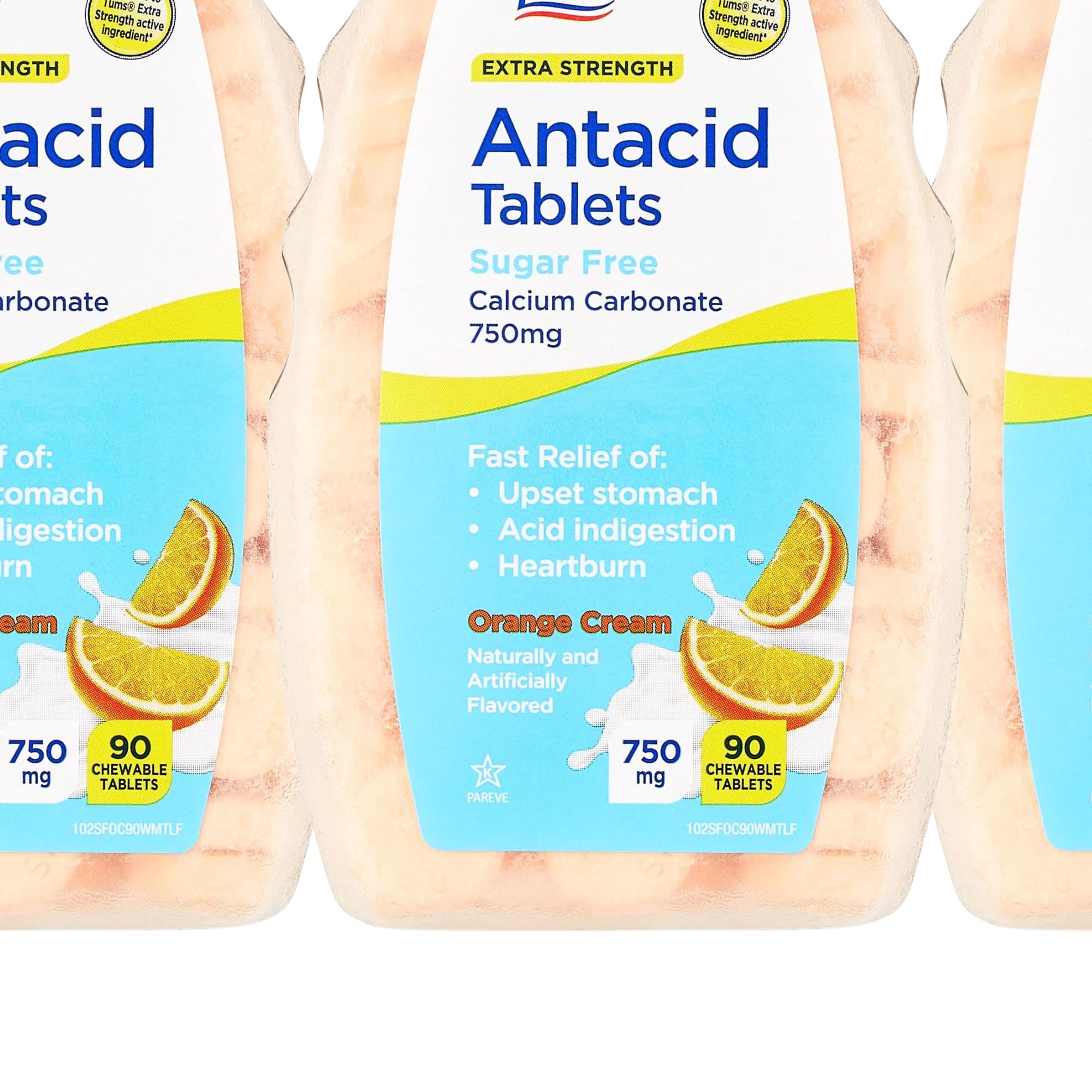 Equate Extra Strength Sugar-Free Antacid Chewable Tablets, Orange Cream, 750 mg, 90 Count (Pack of 3) Total 270 Count + Create S