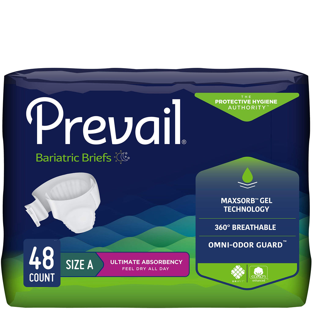Prevail Incontinence Bariatric Brief, Unisex Disposable Adult Diaper with Tabs for Men & Women, Ultimate Absorbency, Size A, 48 