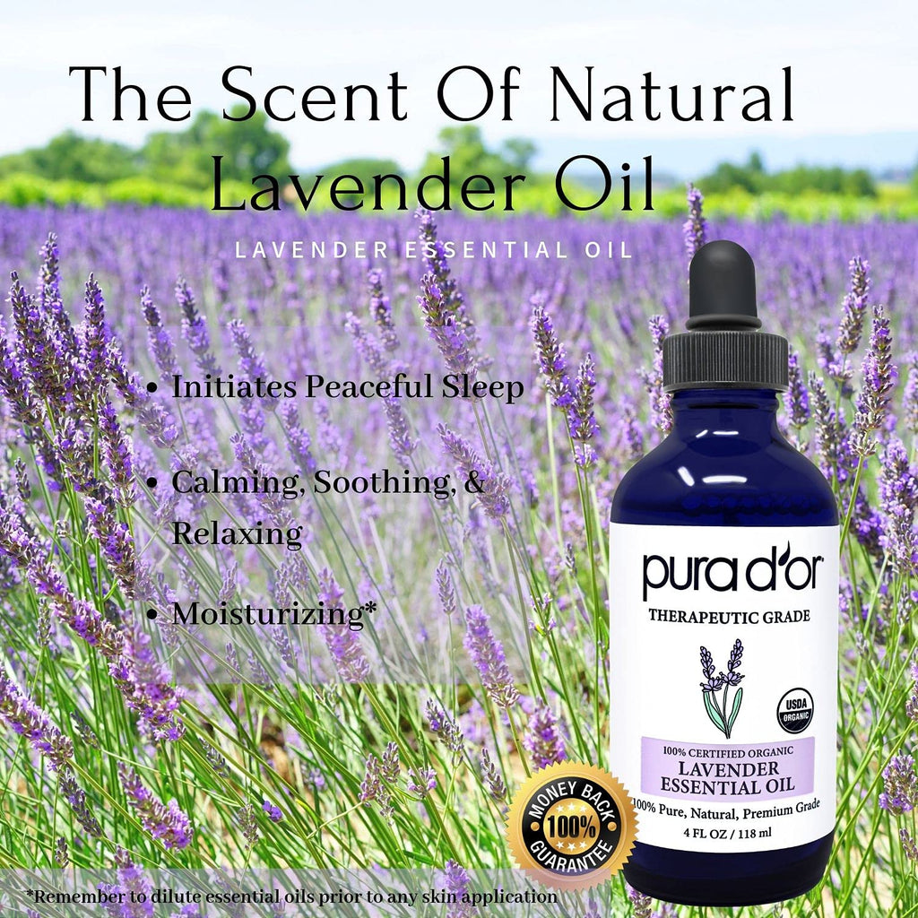 PURA DOR Organic Lavender Essential Oil (4oz with Glass Dropper) 100% Pure & Natural Therapeutic Grade for Hair, Body, Skin, Ar