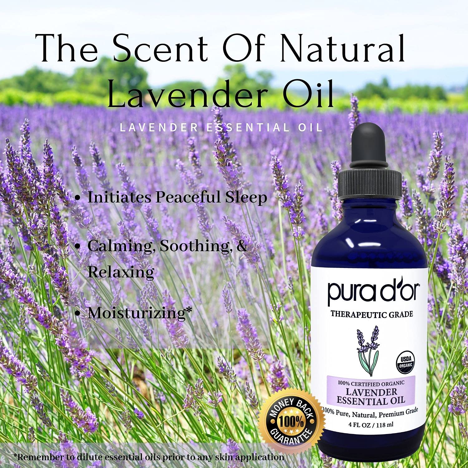 PURA DOR Organic Lavender Essential Oil (4oz with Glass Dropper) 100% Pure & Natural Therapeutic Grade for Hair, Body, Skin, Ar
