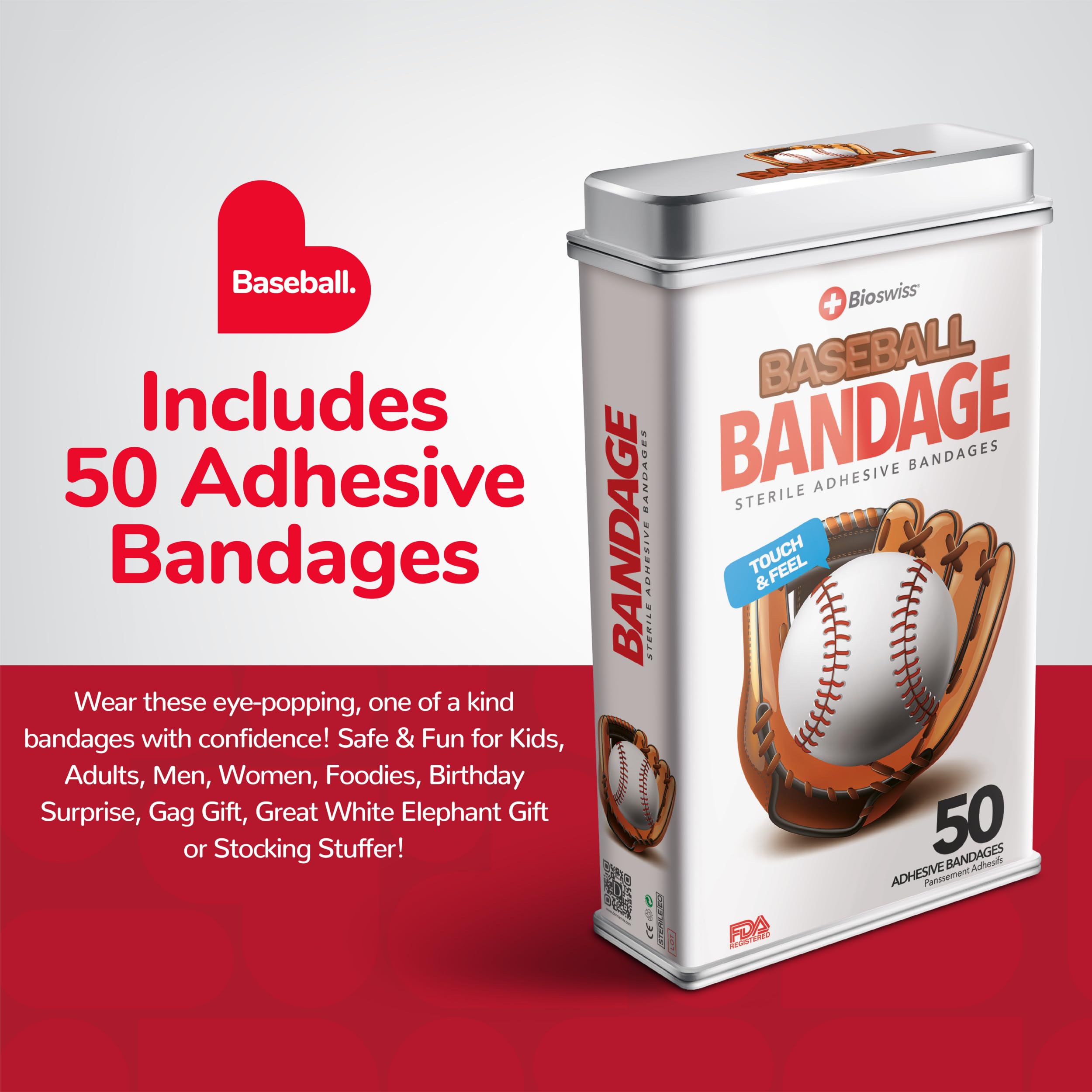 BioSwiss Bandages, Baseballs Shaped Self Adhesive Bandage, Latex Free Sterile Wound Care, Fun First Aid Kit Supplies for Kids, 5