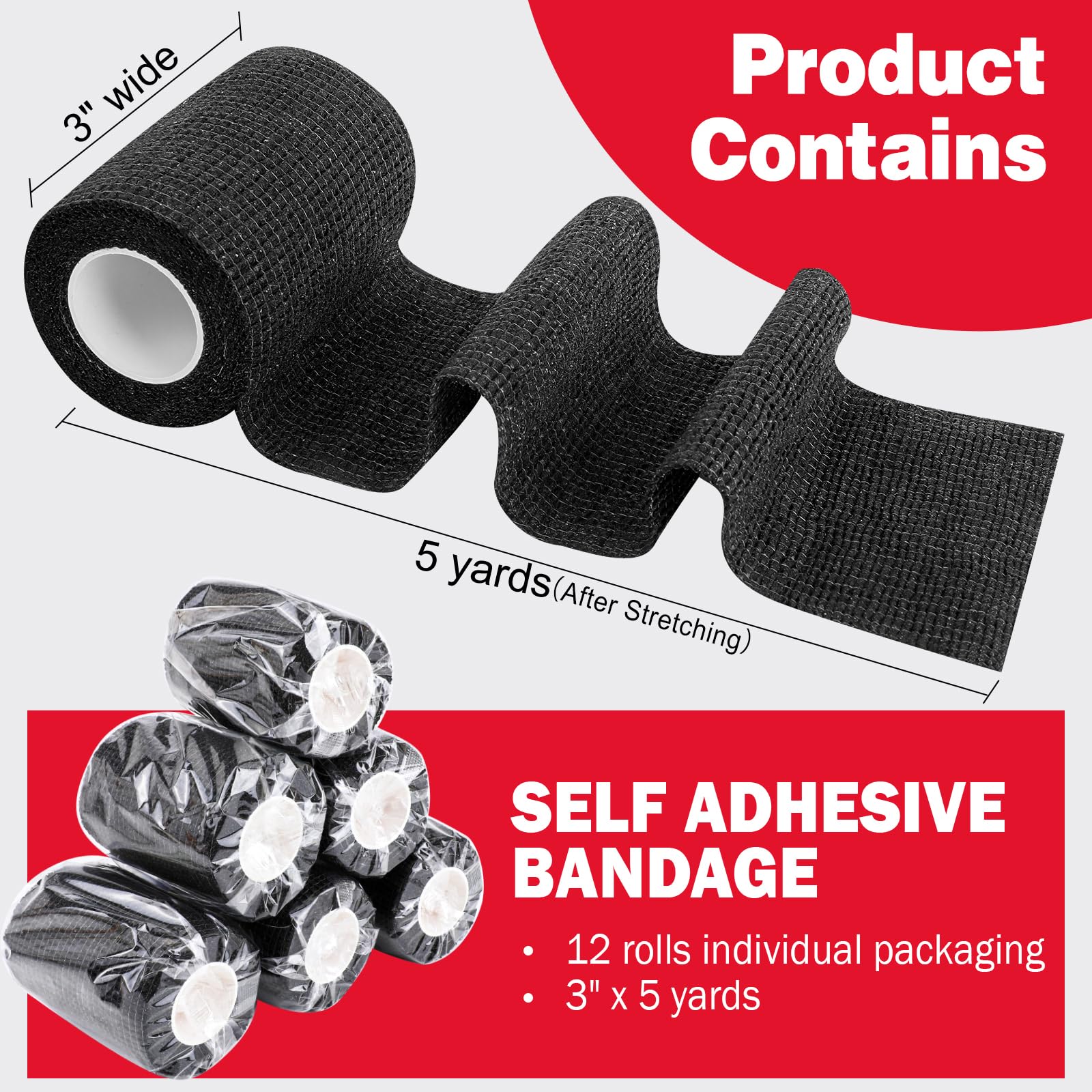 AZEN 12 Pack Black Self Adhesive Bandage Wrap, 3 X 5 Yards Elastic Cohesive Bandage Wrap, Vet Wrap, Ankle Tape, Tattoo Grip Tape