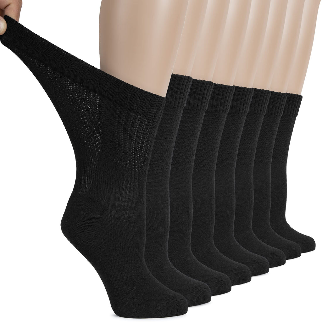 Hugh Ugoli Women's Cotton Diabetic Crew Socks, Wide, Thin, Loose Fit and Stretchy, Seamless Toe & Non-Binding Top, 8 Pairs, Blac