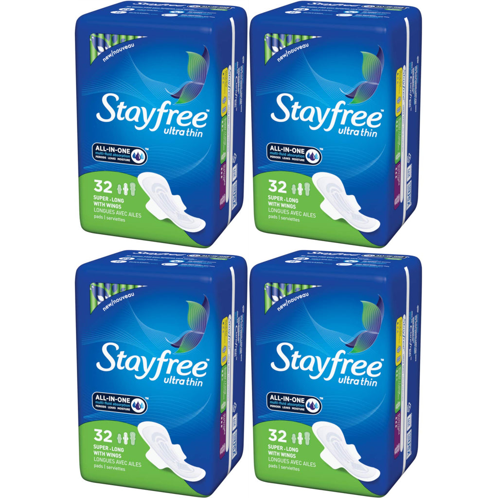Stayfree Ultra Thin Super Long Pads With Wings, 32 Pads each (Value Pack of 4)