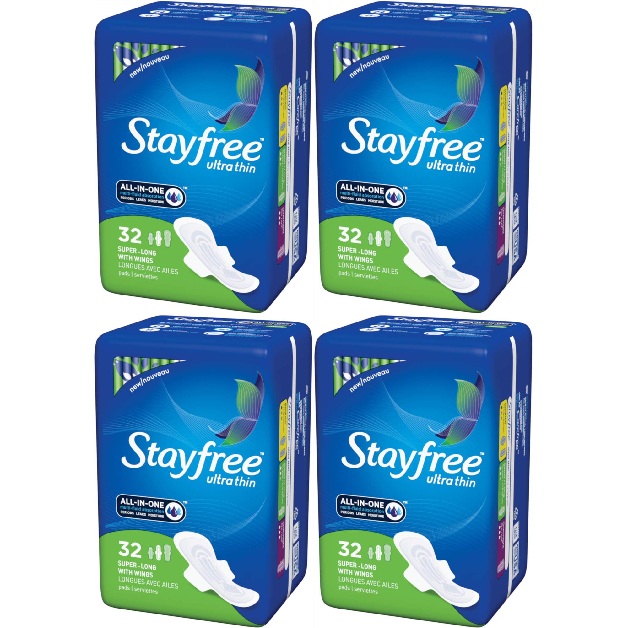 Stayfree Ultra Thin Super Long Pads With Wings, 32 Pads each (Value Pack of 4)