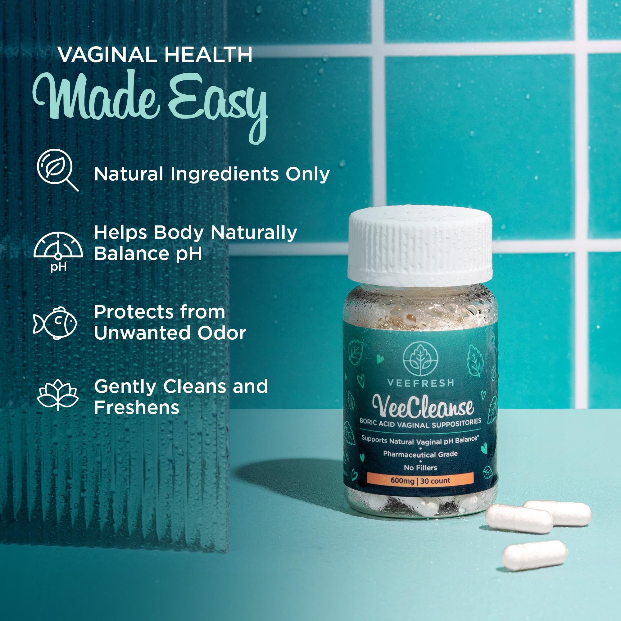 VeeFresh - VeeCleanse Boric Acid Vaginal Suppositories - Vaginal pH Balance Suppositories - Vaginal Odor Control - Feel Fresh, F