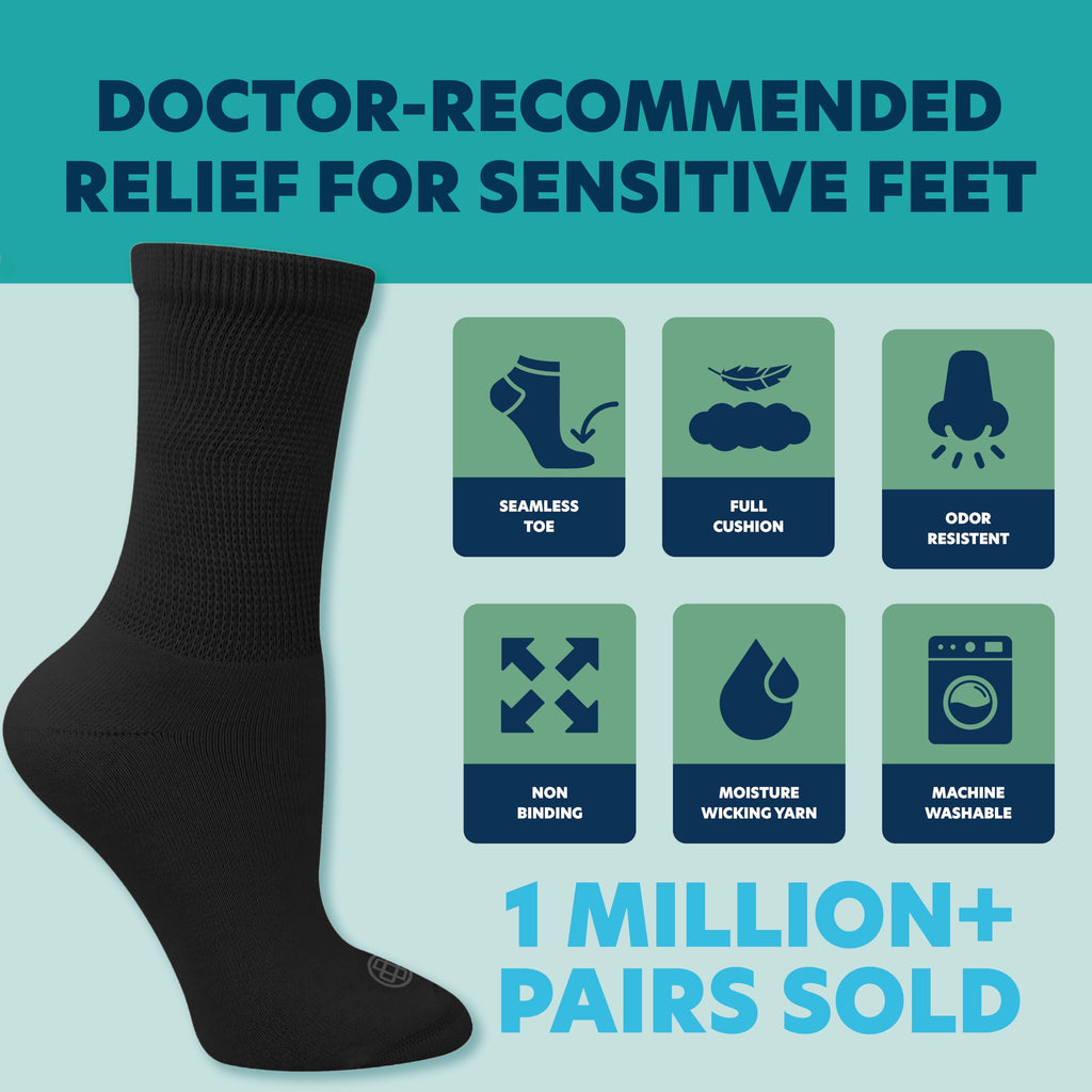 Doctor's Choice Diabetic Socks for Men, Seamless Crew Socks with Non-Binding Top, Provides Extra Comfort for Gout, 4-Pairs, Blac
