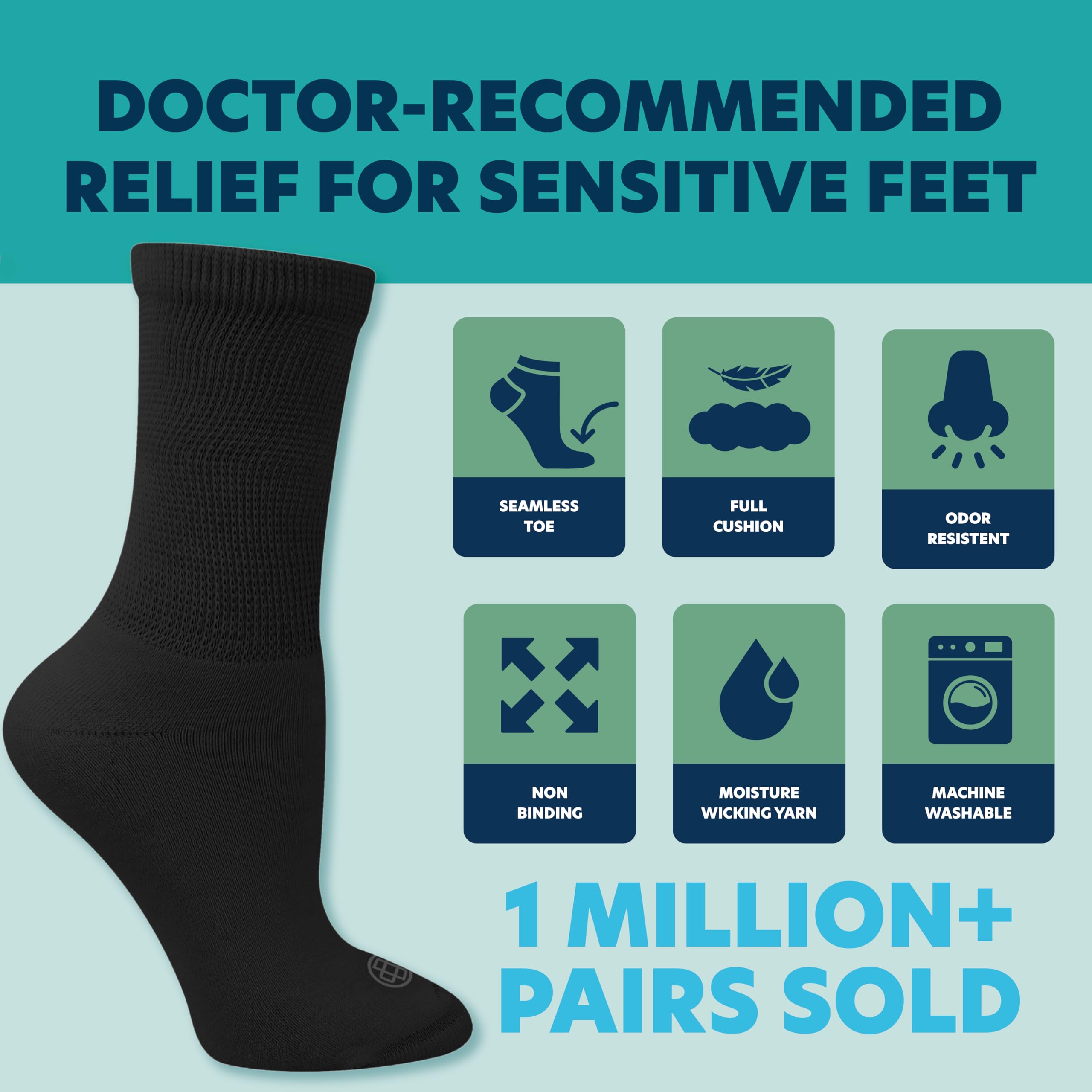 Doctor's Choice Diabetic Socks for Men, Seamless Crew Socks with Non-Binding Top, Provides Extra Comfort for Gout, 4-Pairs, Blac