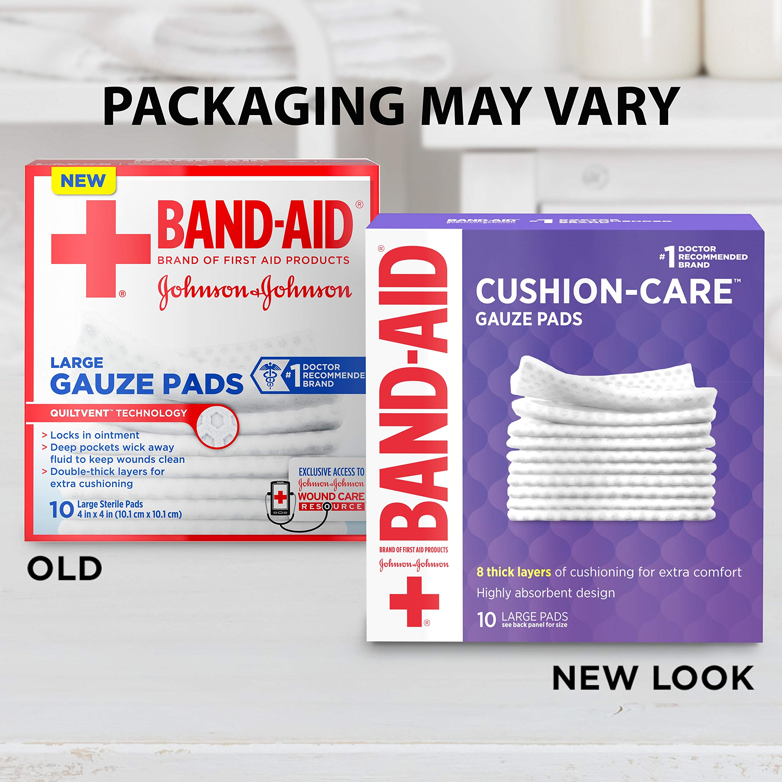 Band-Aid Brand Cushion Care Non-Stick Gauze Pads, Individually-Wrapped, Large, 4 in x 4 in, 10 ct