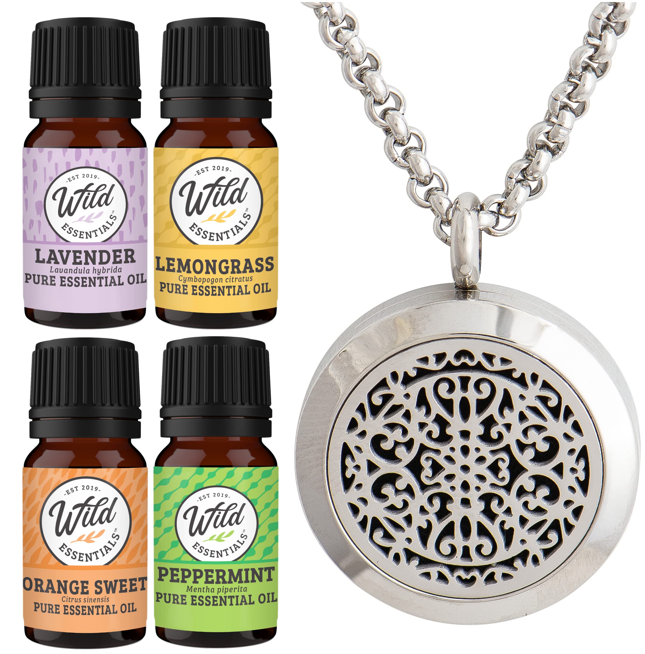 Wild Essentials Wrought Iron Necklace Essential Oil Diffuser Kit With Lavender, Lemongrass, Peppermint, Orange Oils, 12 Refill P