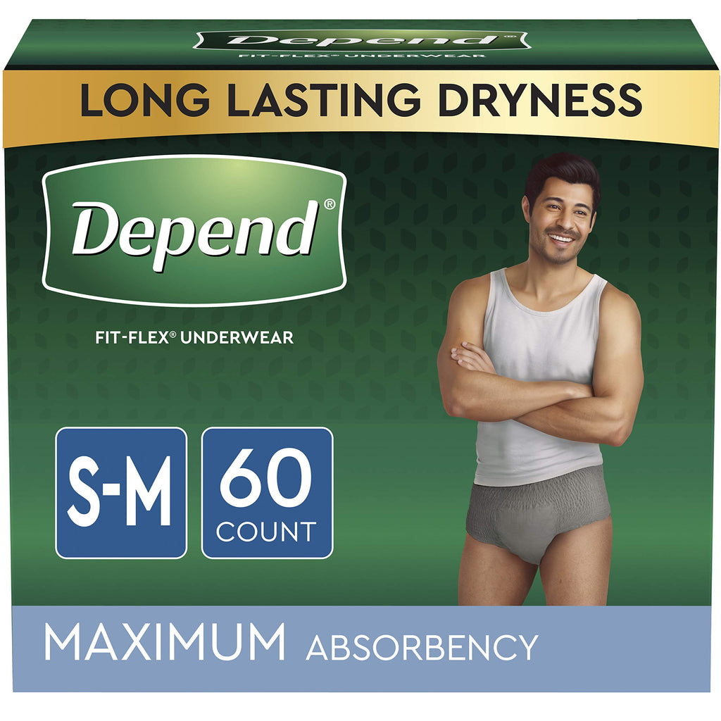 Depend FIT-FLEX Incontinence Underwear for Men, Maximum Absorbency, Disposable, Small/Medium, Grey, 60 Count (2 Packs of 30) (Pa
