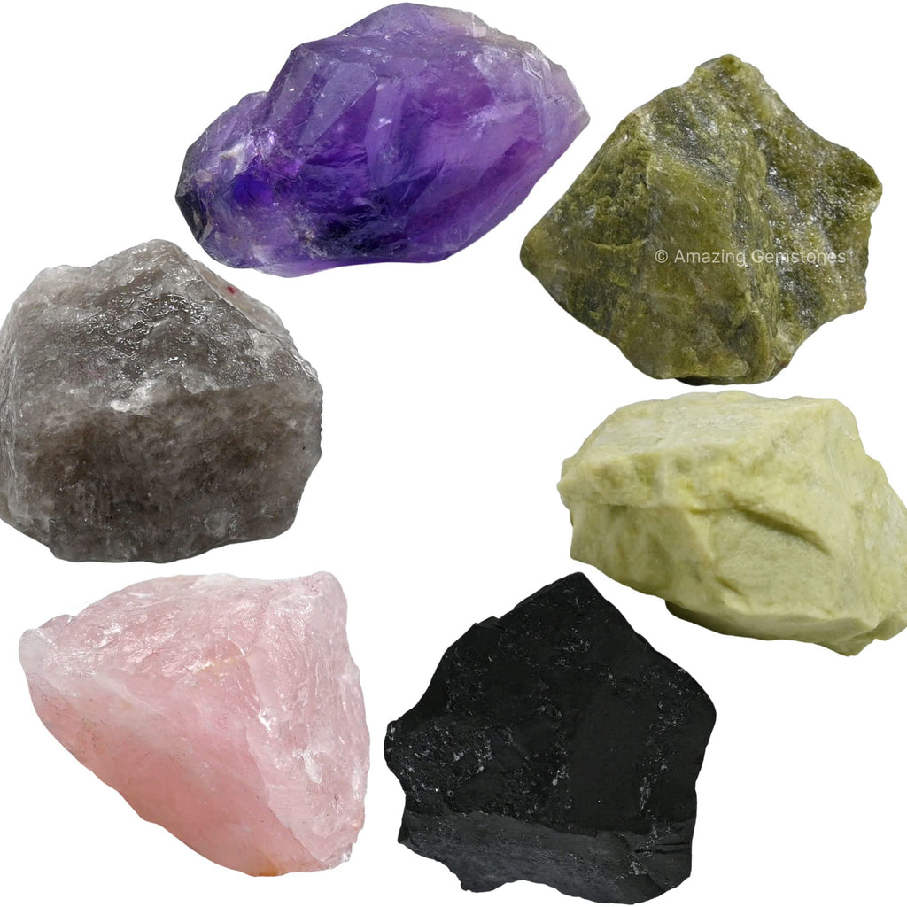 Crystals for Sleep Manifestation, Set of 6 Amethyst, Smoky Quartz, Shungite, Vesuvianite, Serpentine and Rose Quartz Healing Cry