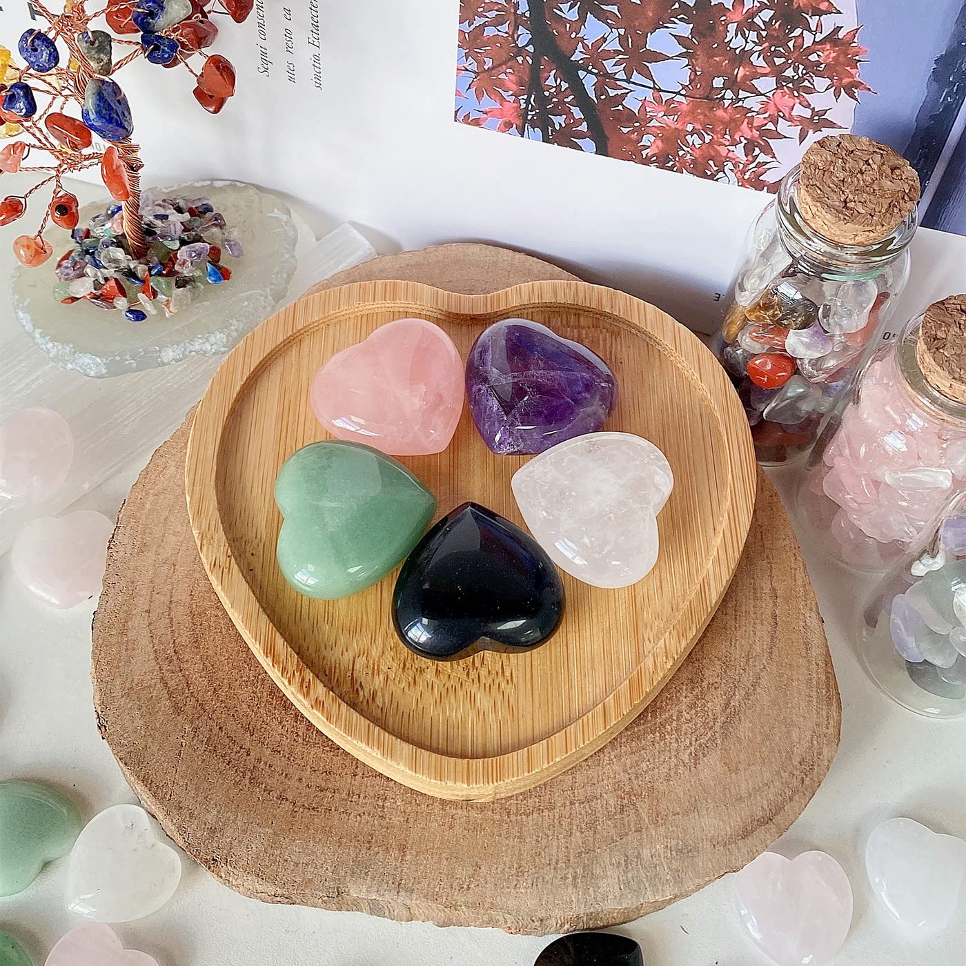 QINJIEJIE 5Pcs 1.2'' Rose Quartz Heart Crystals Amethyst Healing Crystal Love Stone Polished Thumb Palm Natural Worry Gemstones