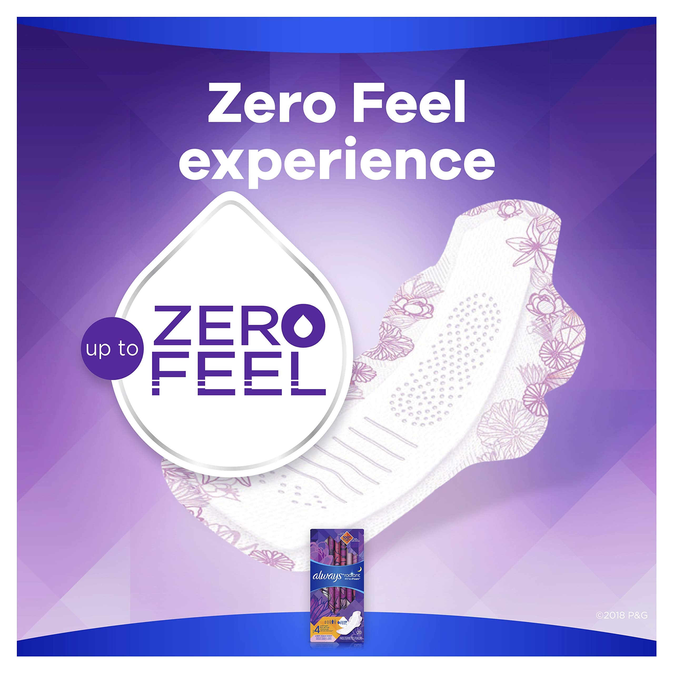 ALWAYS Radiant, Size 4, Overnight Sanitary Pads With Wings, Scented, 20 Count