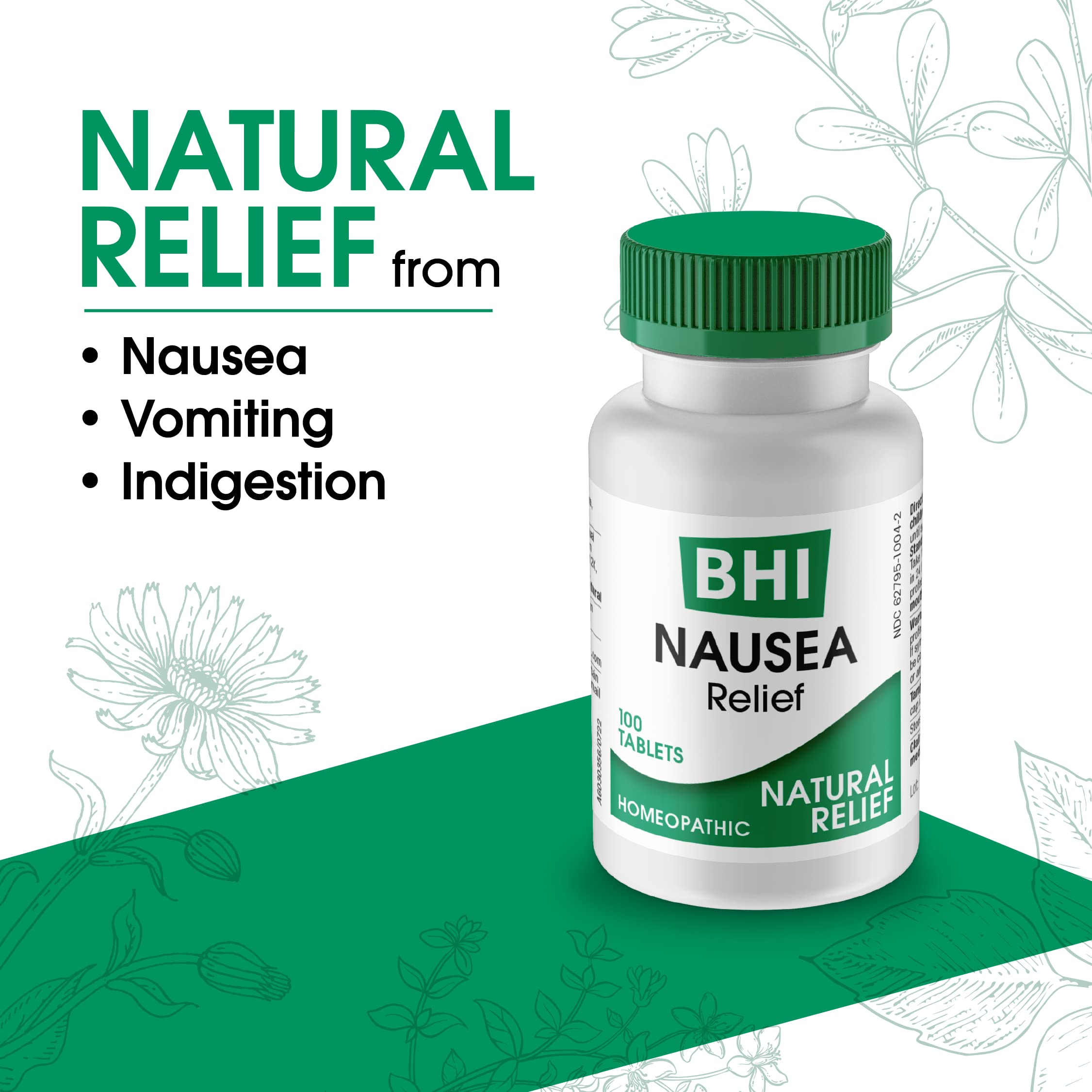 BHI Nausea Natural Relief 7 Multi-Symptom Homeopathic Active Ingredients Help Relieve Nausea, Vomiting, Bloating & Indigestion N