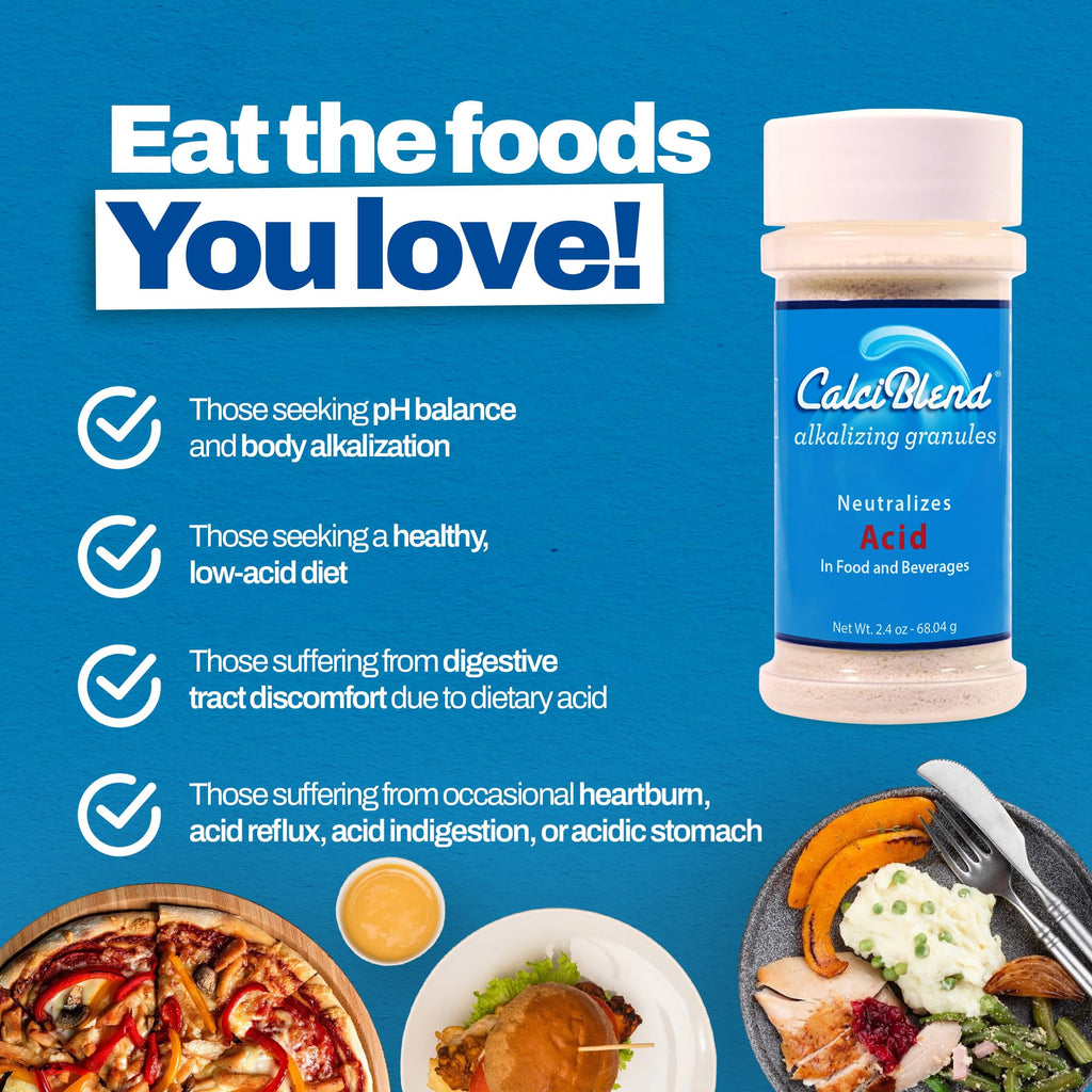 CalciBlend 2.4oz Shaker Bottle-Acid Reducing Granules - Alkalizing - Food & Beverage Acid Reducer - Promotes Digestive and Urina