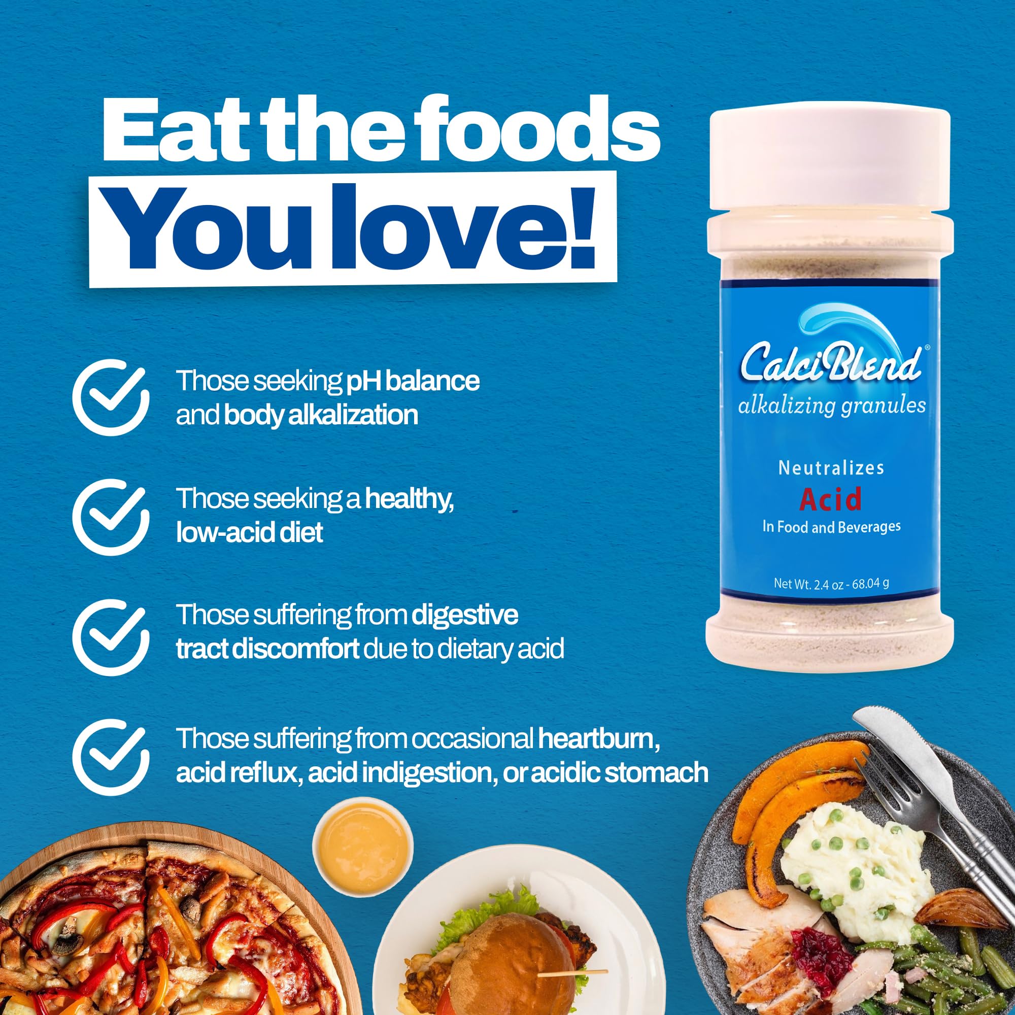 CalciBlend 2.4oz Shaker Bottle-Acid Reducing Granules - Alkalizing - Food & Beverage Acid Reducer - Promotes Digestive and Urina