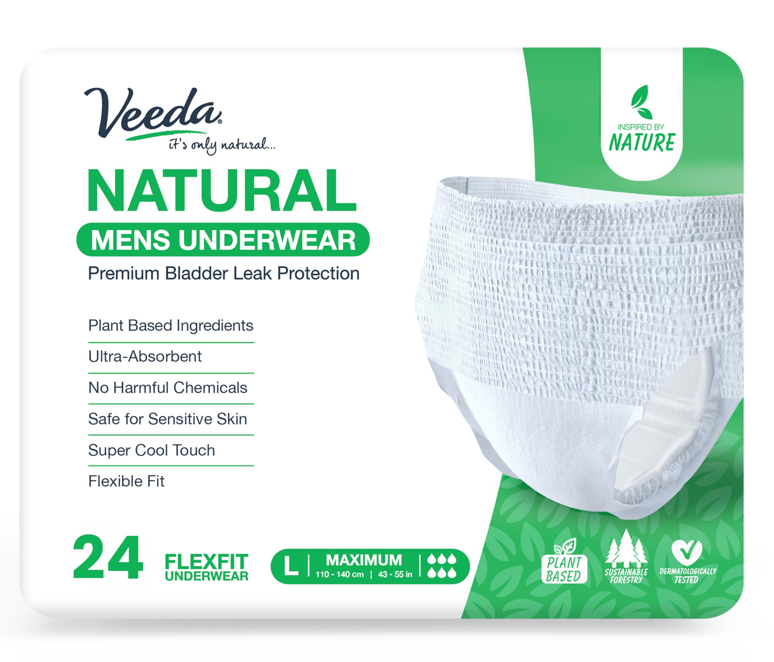 Veeda Natural Adult Incontinence Underwear for Men - Disposable Underwear for Bladder Leakage Protection - Adult Diapers for Men