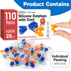 AZEN 110 Pairs Silicone Ear Plugs, Reusable Earplugs for Noise Reduction, 25dB NRR Corded Ear Plugs for Sleeping Noise Cancellin