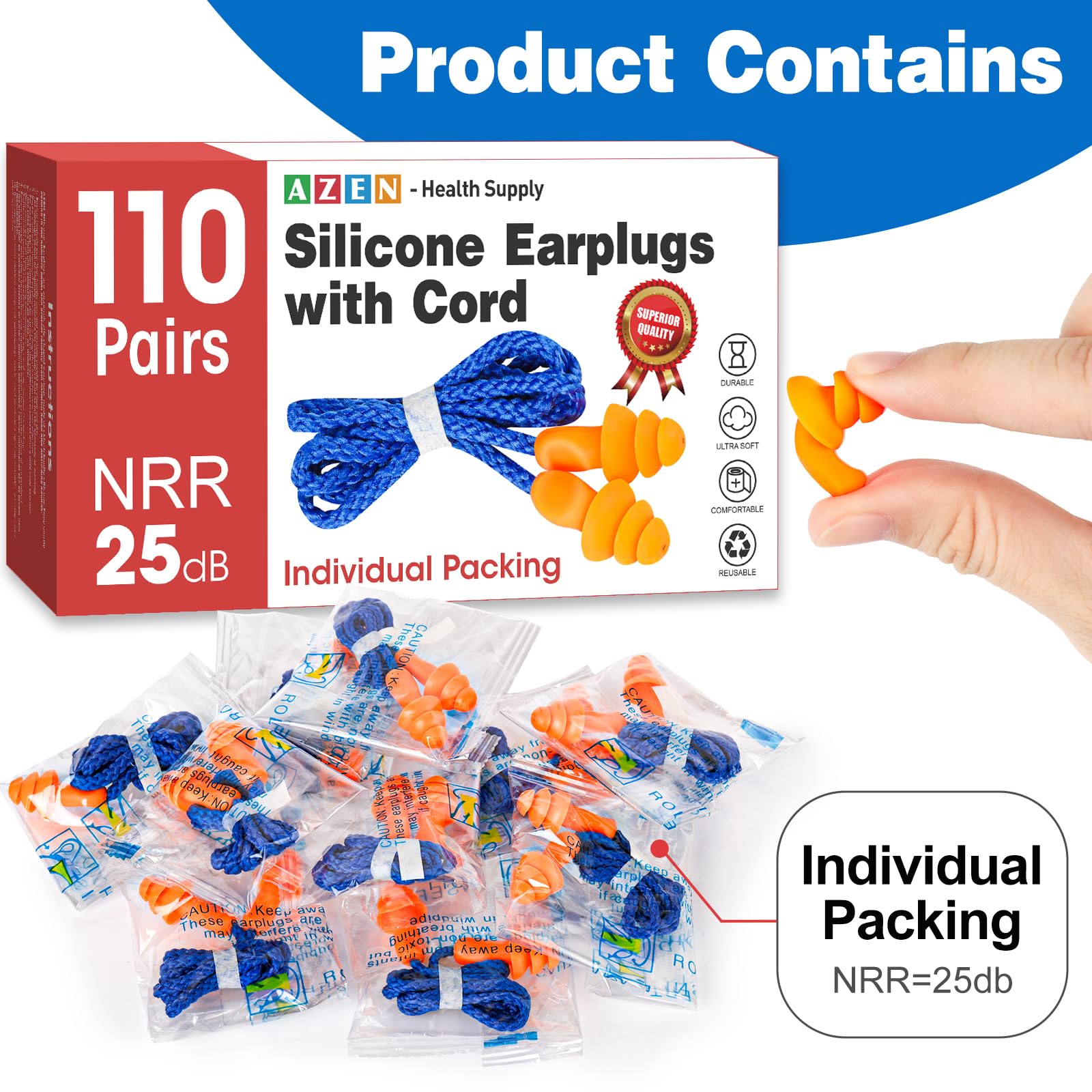 AZEN 110 Pairs Silicone Ear Plugs, Reusable Earplugs for Noise Reduction, 25dB NRR Corded Ear Plugs for Sleeping Noise Cancellin