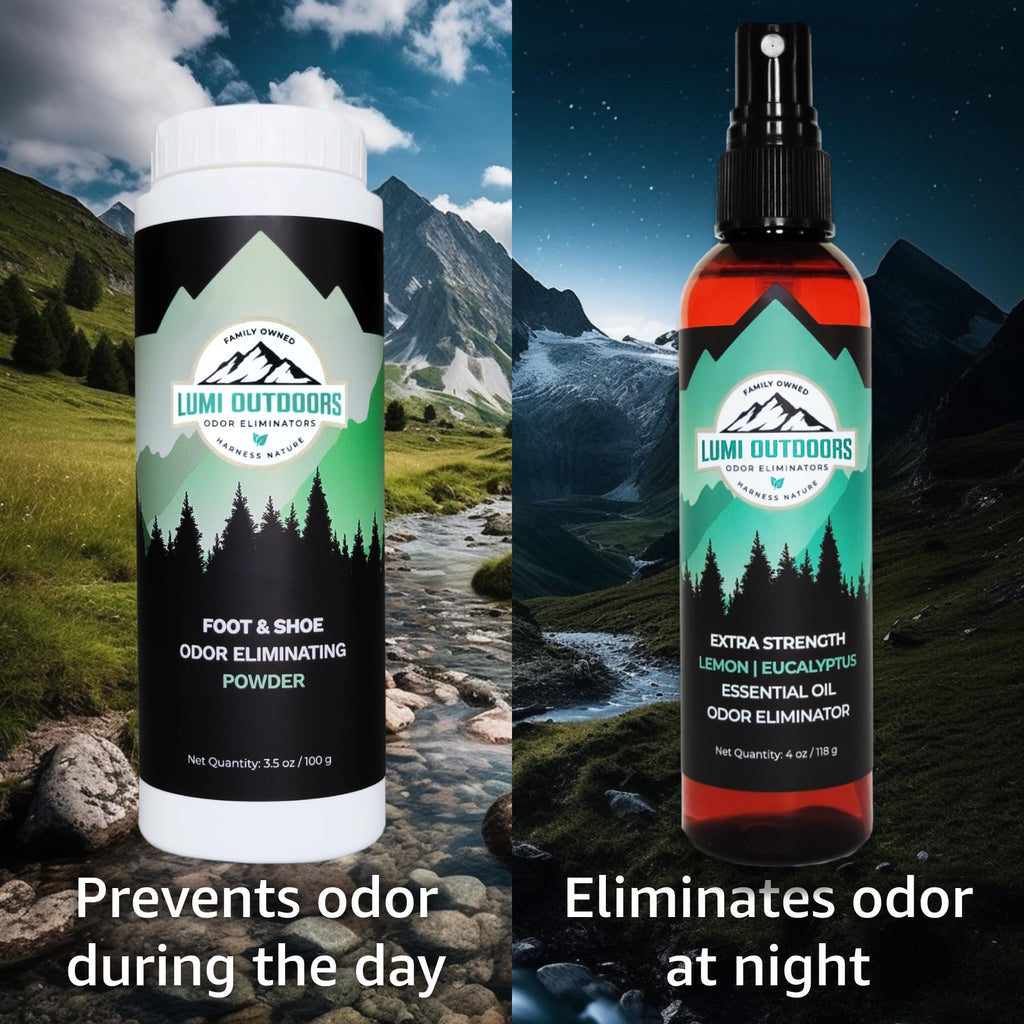 Lumi Outdoors Natural Shoe Deodorizer Spray and Foot Powder Bundle - Lemon Eucalyptus and Foot Powder