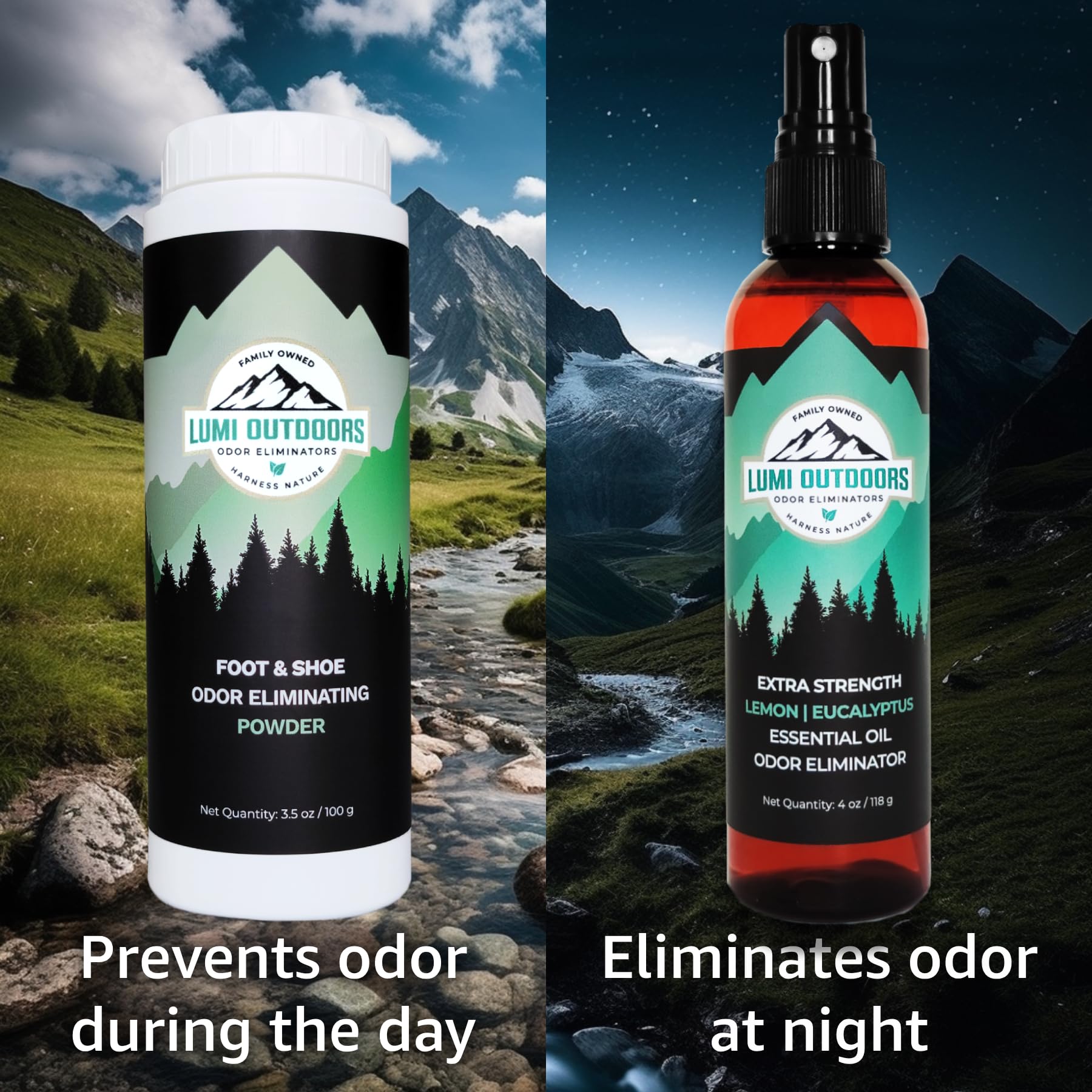 Lumi Outdoors Natural Shoe Deodorizer Spray and Foot Powder Bundle - Lemon Eucalyptus and Foot Powder