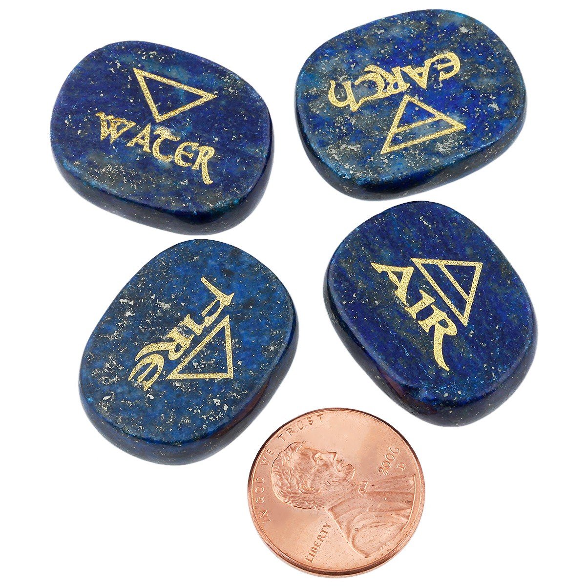 Rockcloud Healing Crystal 4pcs Engraved Triangle Symbol Stones Palm Stones Reiki Balancing, Lapis Lazuli