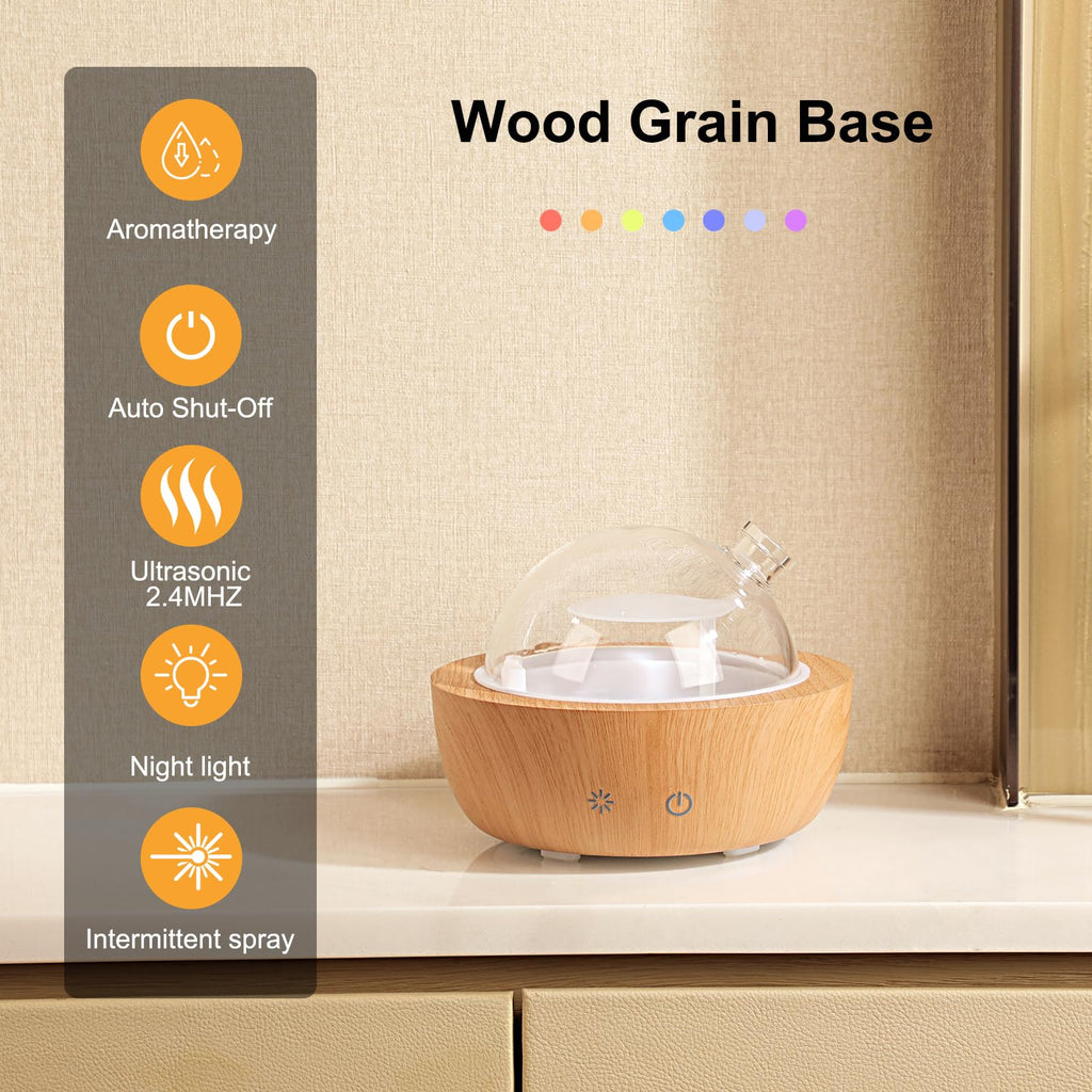 Glass Essential Oil Diffusers for Home, Wood Grain Base Humidifier, Decorative Bedroom Aromatherapy Scent Air Diffuser Ultrasoni