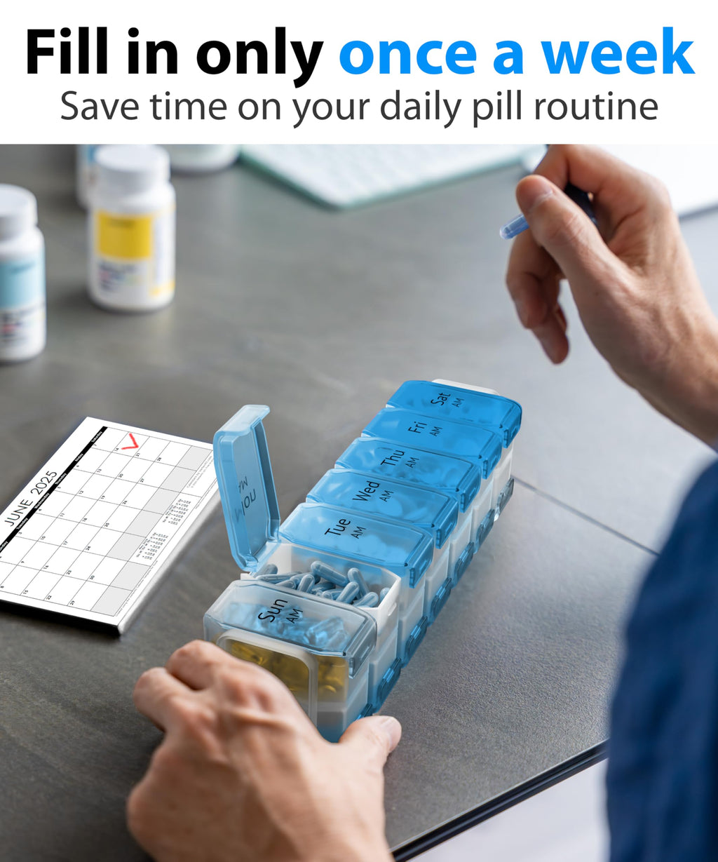Extra Large Pill Organizer 2 Times a Day - XL Pill Box 7 Day with Big AM/PM Compartments - Fits Large Vitamins, Supplements & Gu
