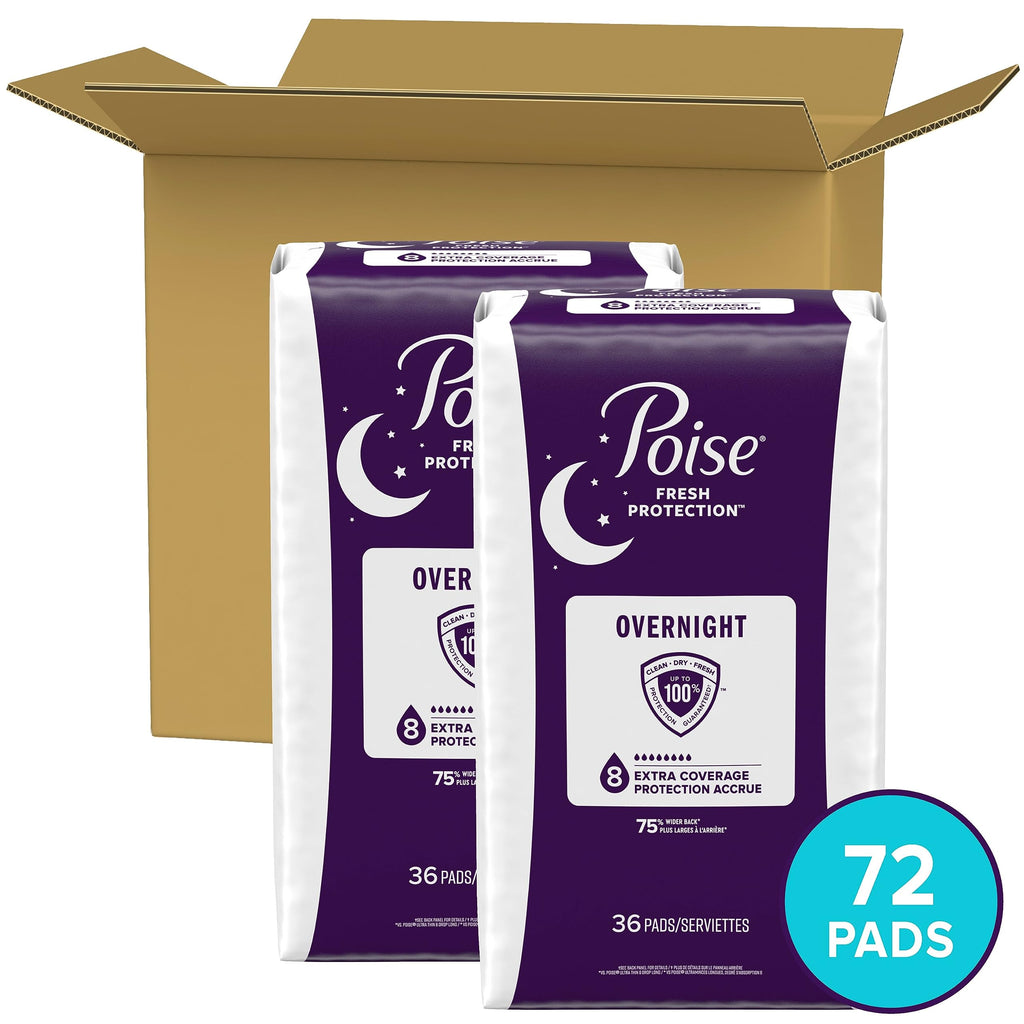 Poise Incontinence Pads & Postpartum Overnight Incontinence Pads, 8 Drop Extra Coverage, 72 Count (2 Packs of 36), Packaging May