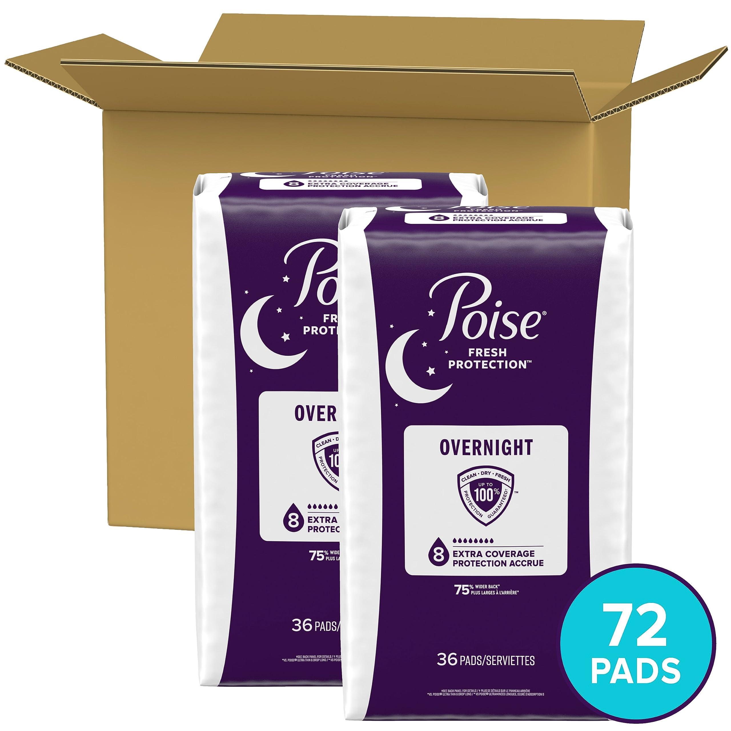 Poise Incontinence Pads & Postpartum Overnight Incontinence Pads, 8 Drop Extra Coverage, 72 Count (2 Packs of 36), Packaging May
