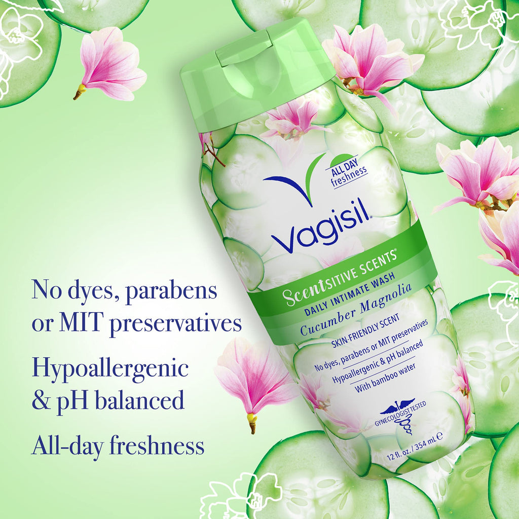 Vagisil Feminine Wash for Intimate Area Hygiene, Scentsitive Scents, pH Balanced and Gynecologist Tested, Cucumber Magnolia, 12