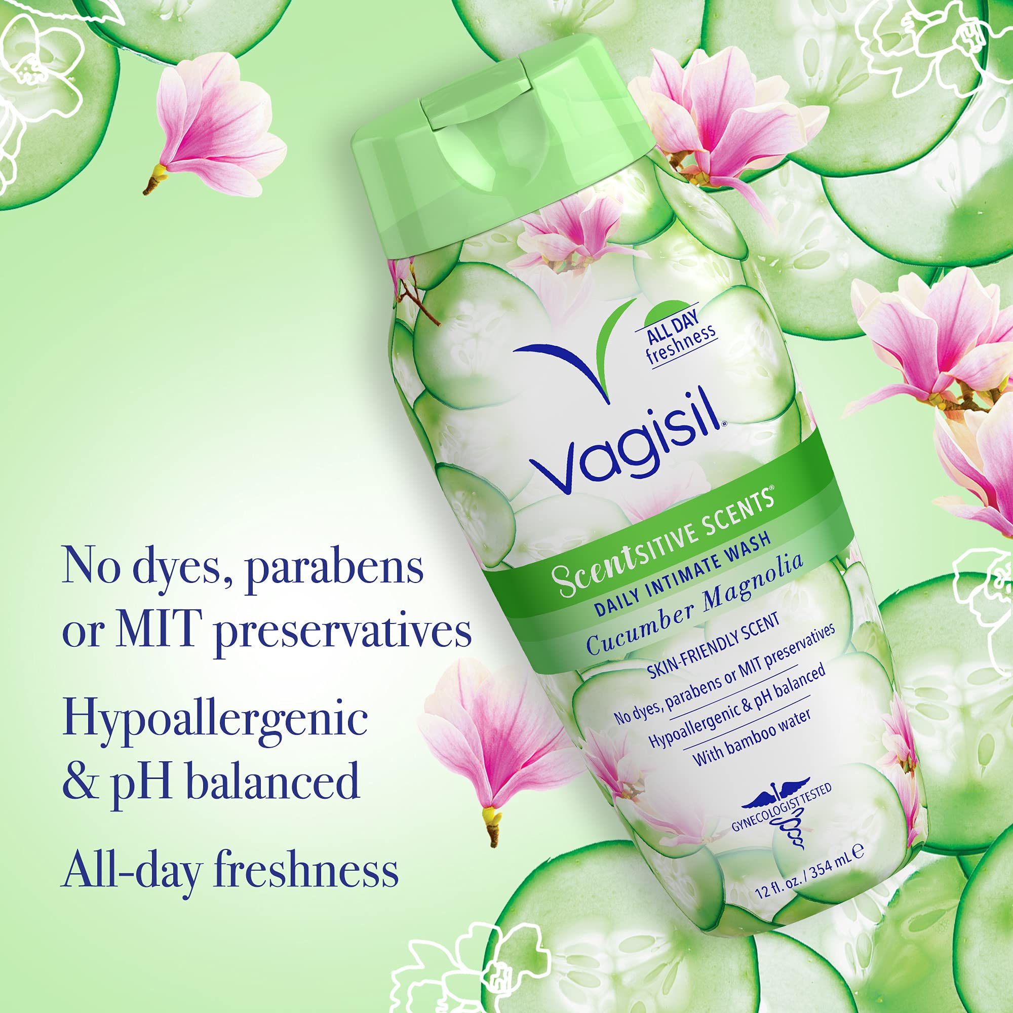 Vagisil Feminine Wash for Intimate Area Hygiene, Scentsitive Scents, pH Balanced and Gynecologist Tested, Cucumber Magnolia, 12