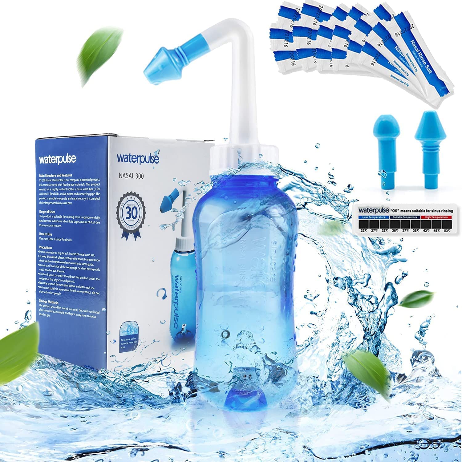 Waterpulse Neti Pot Sinus Rinsing,Nasal Wash Bottle Sinus Rinsing Bottle Cleaner Pressure Irrigation Neti-Pot with Sticker Therm