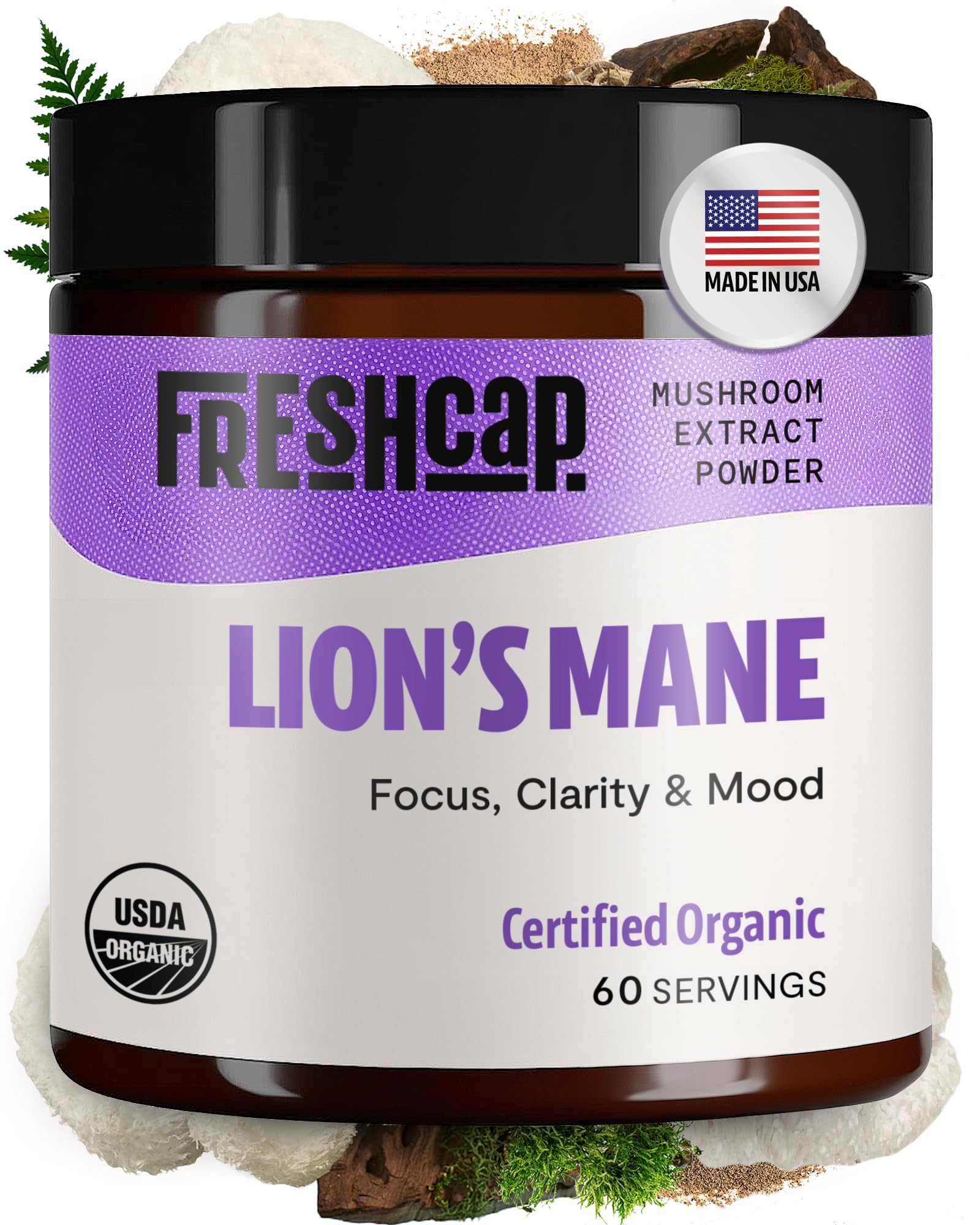 FreshCap Lions Mane Supplement Capsules - Ayurveda Premium Triple Extract USDA Organic - Third Party Tested - Whole Fruiting Bod