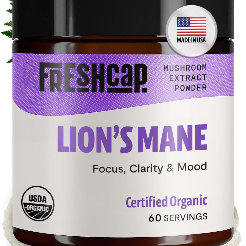 FreshCap Lions Mane Supplement Capsules - Ayurveda Premium Triple Extract USDA Organic - Third Party Tested - Whole Fruiting Bod