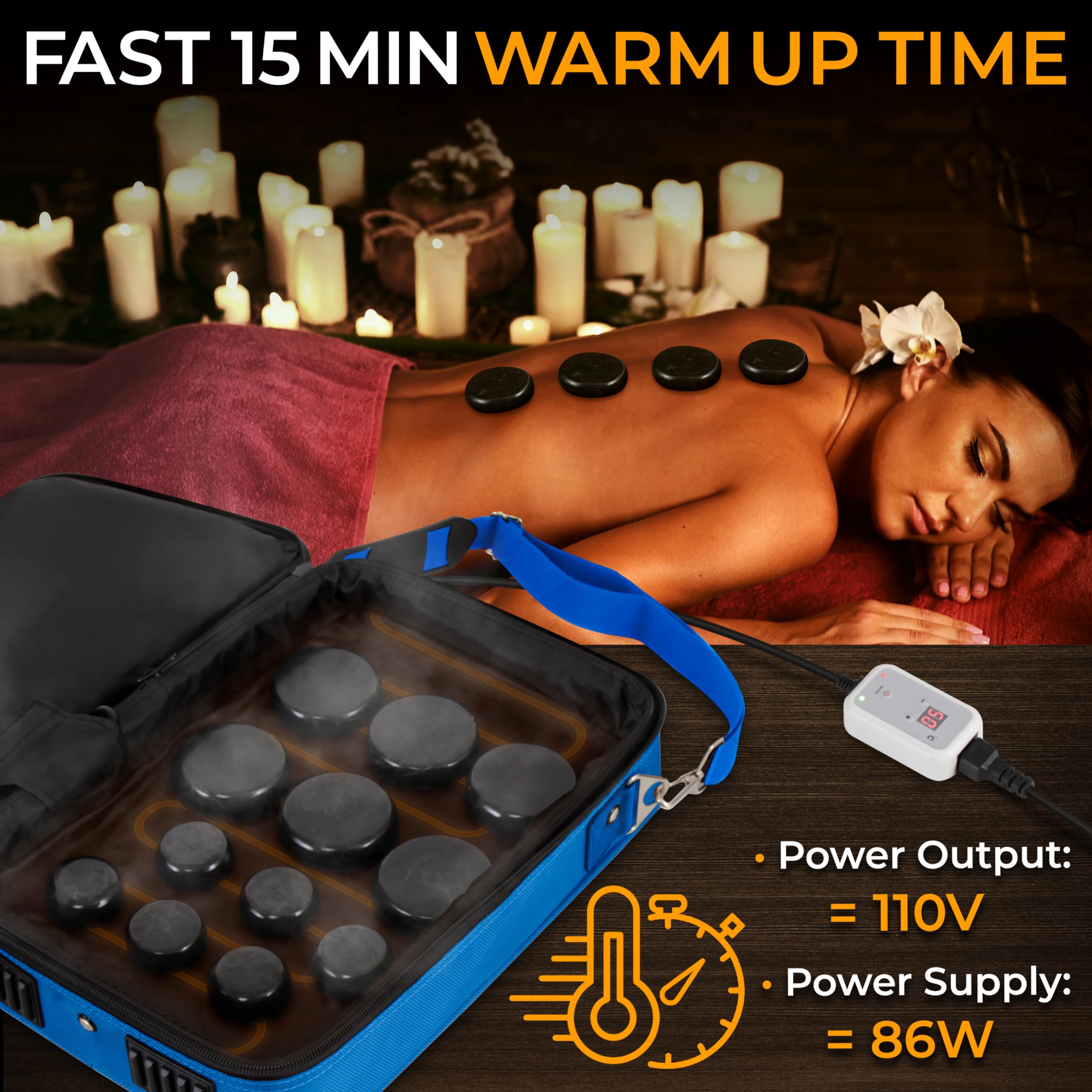 Portable Massage Stone Warmer Set - Electric Spa Hot Stones Massager and Heater Kit with 6 Large and 6 Small Round Shaped Basalt