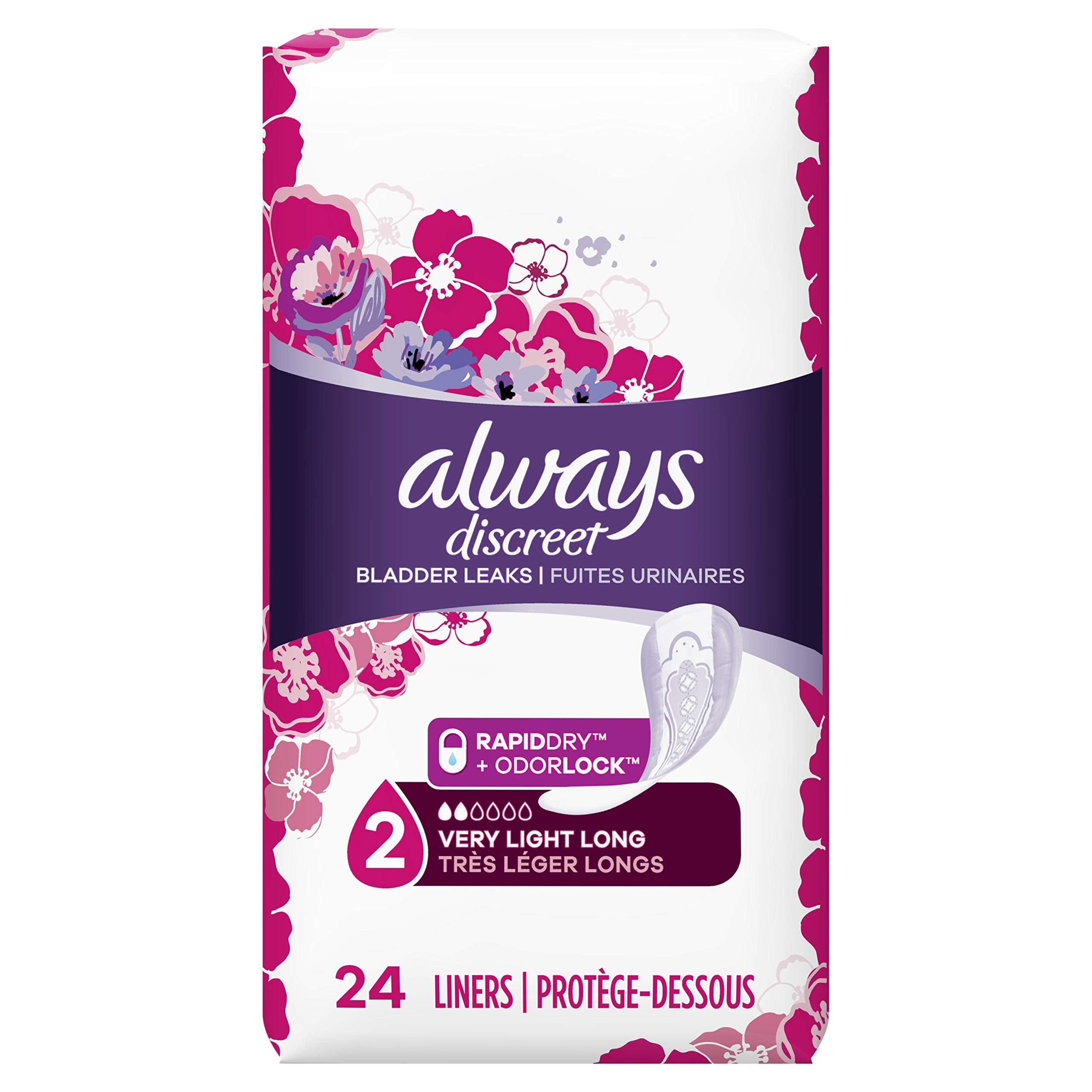 Always Discreet Incontinence Liners, Very Light, Long Length, 24 Count
